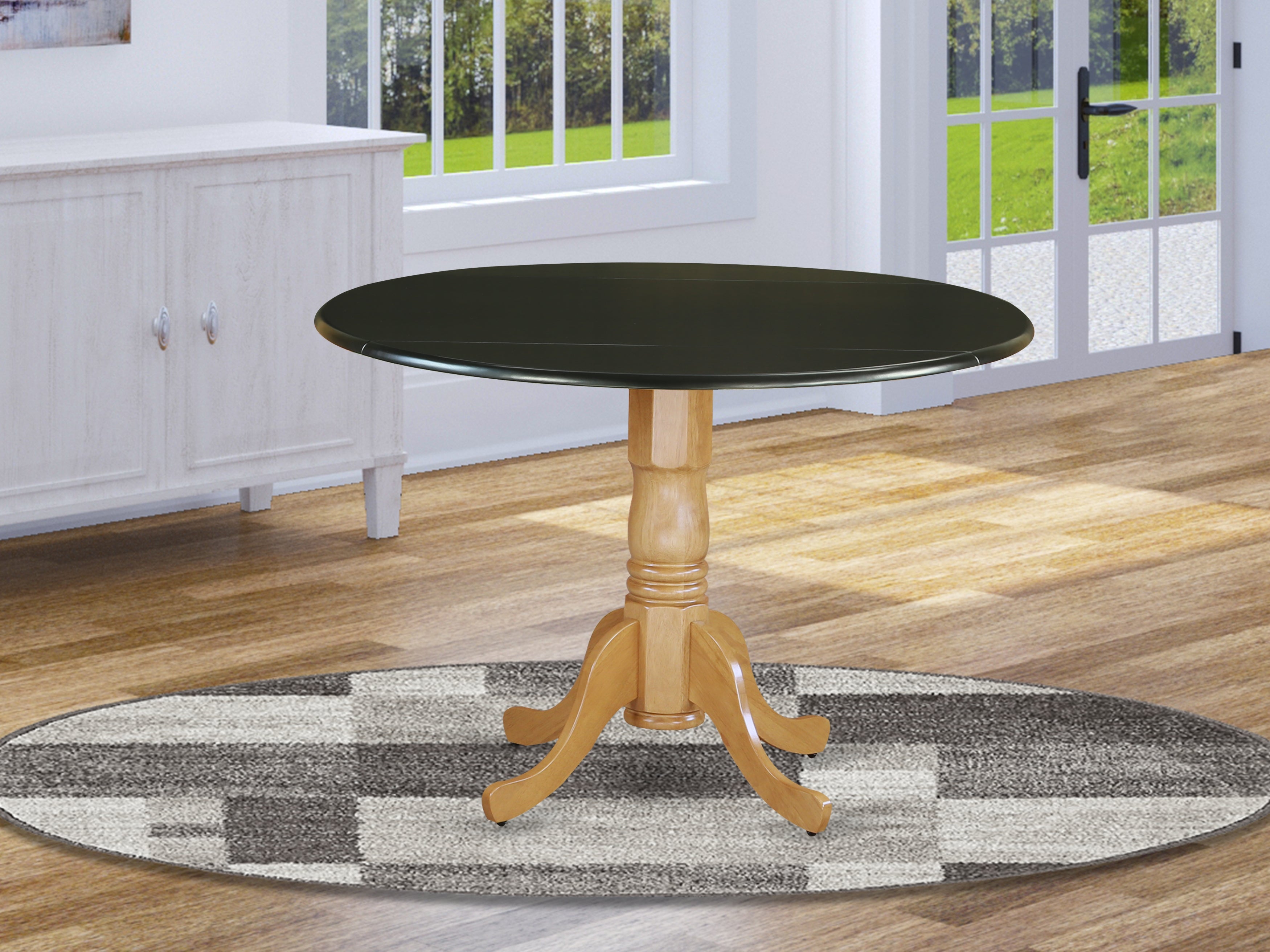 DLT-BOK-TP Dublin Round Table with two 9" Drop Leaves in Black & Oak Finish