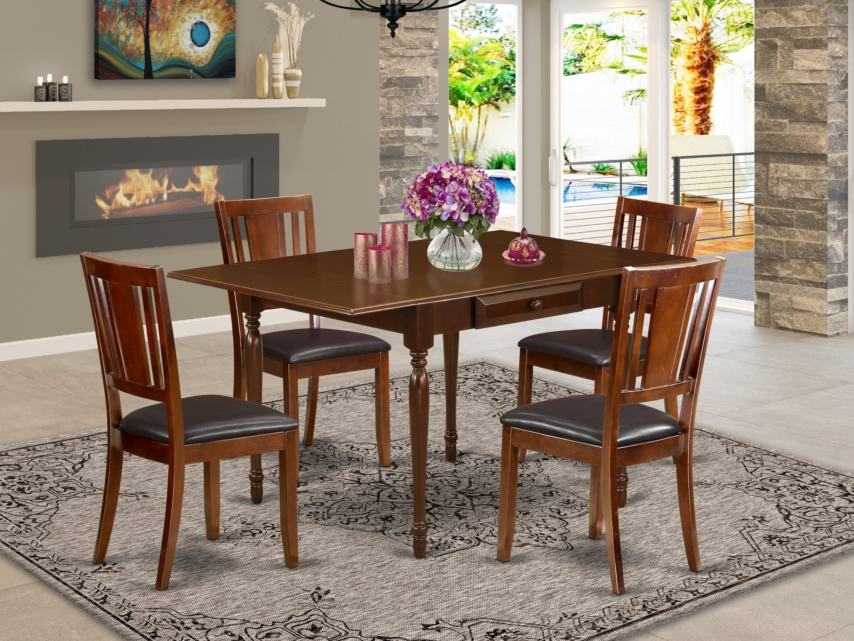 East West Furniture MZDU5-MAH-LC 5Pc Dining Table Set for 4 Consists of a Small Dining Table and 4 Dining Room Chairs with Faux Leather Seat, Drop Leaf Table with Panel Back Chairs, Mahogany Finish