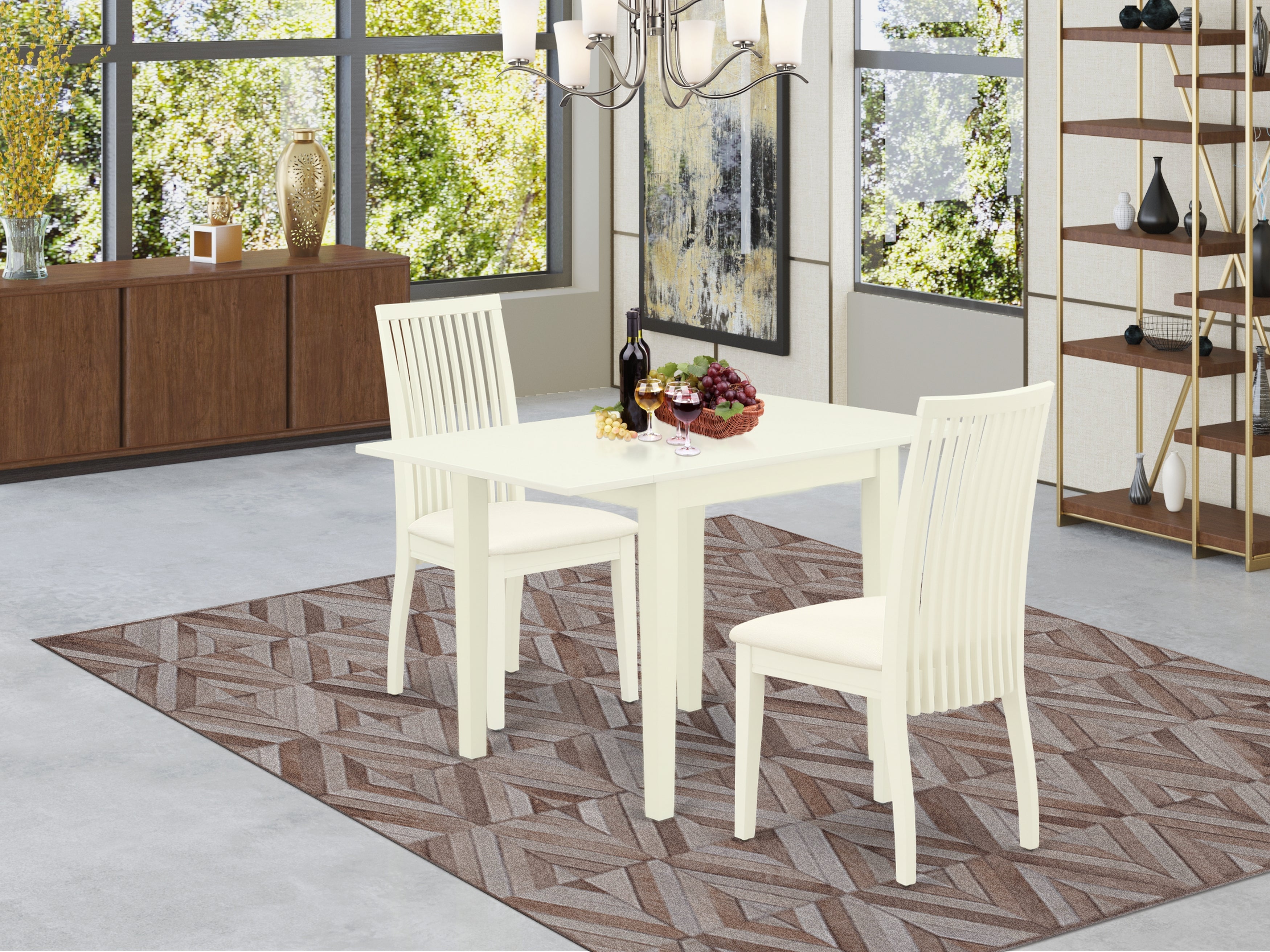 East West Furniture NDIP3-LWH-C 3Pc Dining Room Table Set Offers a Dinette Table and 2 Dining Chairs with Microfiber Upholstery Seat, Linen White Finish