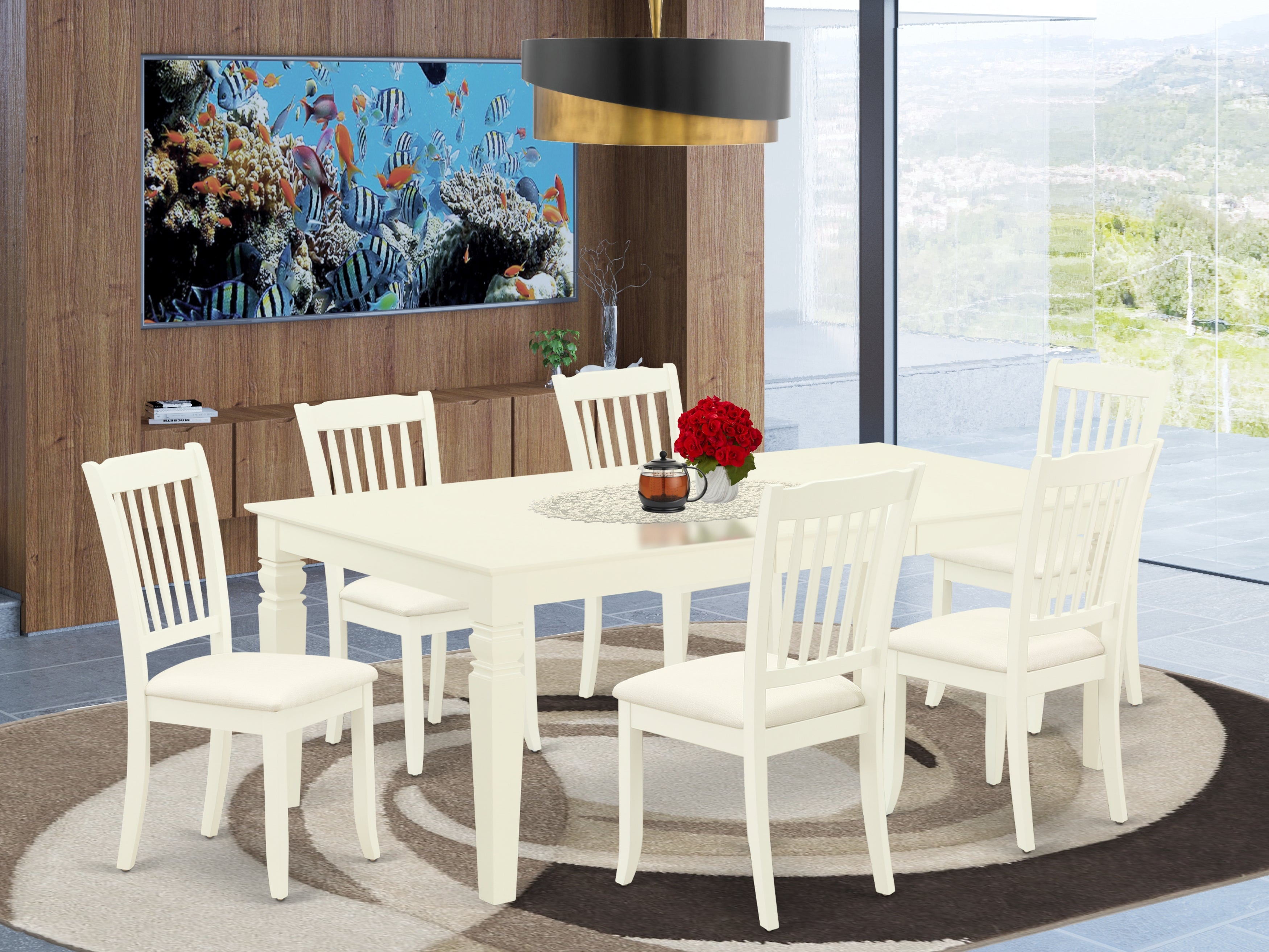 LGDA7-LWH-C 7Pc Dinette Set Includes a Rectangular Kitchen Table with Butterfly Leaf and Six Vertical Slatted Microfiber Seat Dining Chairs, Linen White Finish