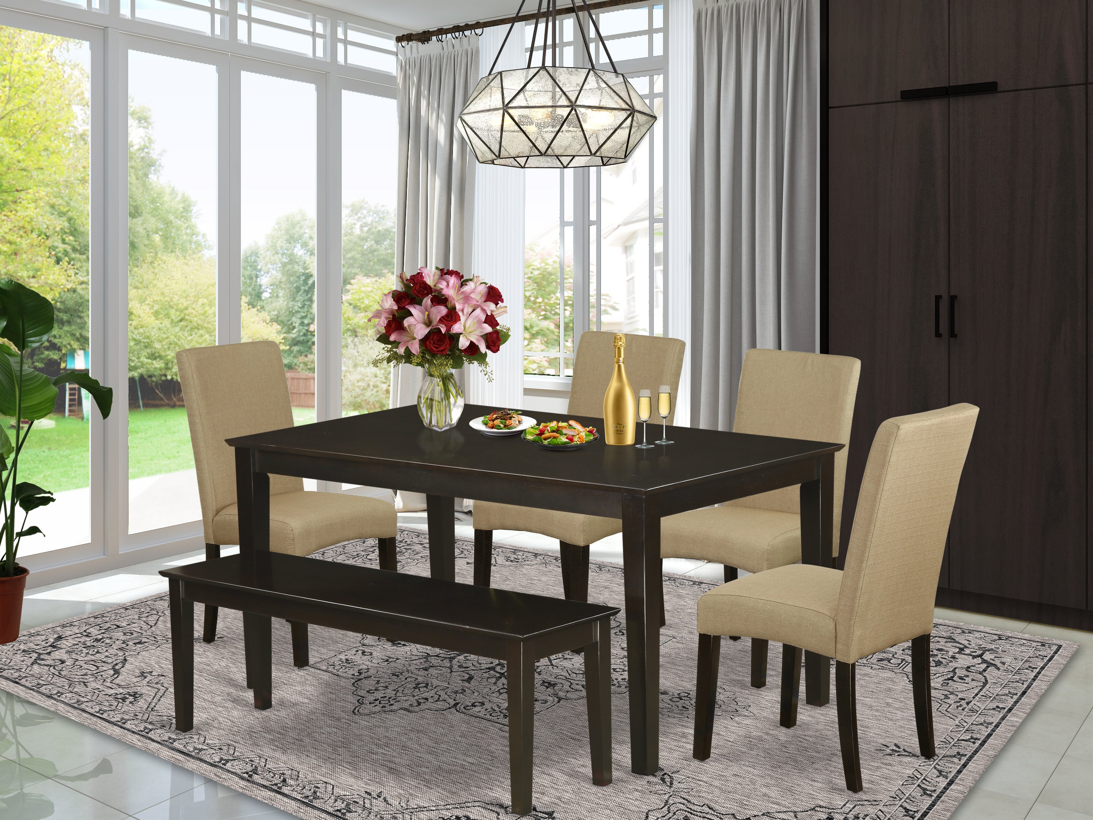 CADR6-CAP-03 6Pc Rectangular 60" Table And Four Parson Chair With Cappuccino Finish Leg And Linen Fabric- Brown Color Plus 1 Bench