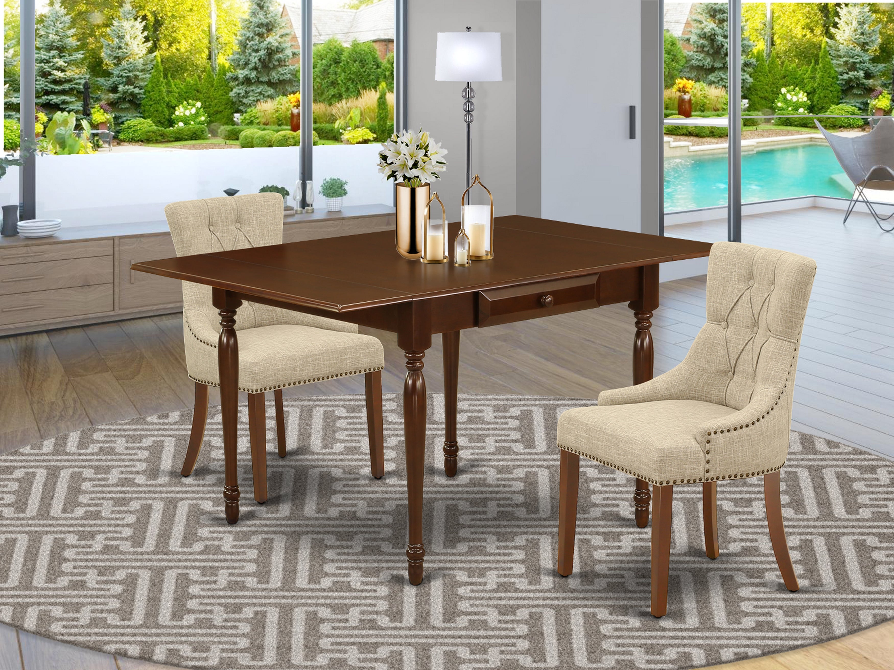 East West Furniture MZFR3-MAH-05 3Pc Dining Table Set for 2 Includes a Dining Table and 2 Parsons Dining Room Chairs with Doeskin Color Linen Fabric, Drop Leaf Table with Full Back Chairs, Mahogany Finish