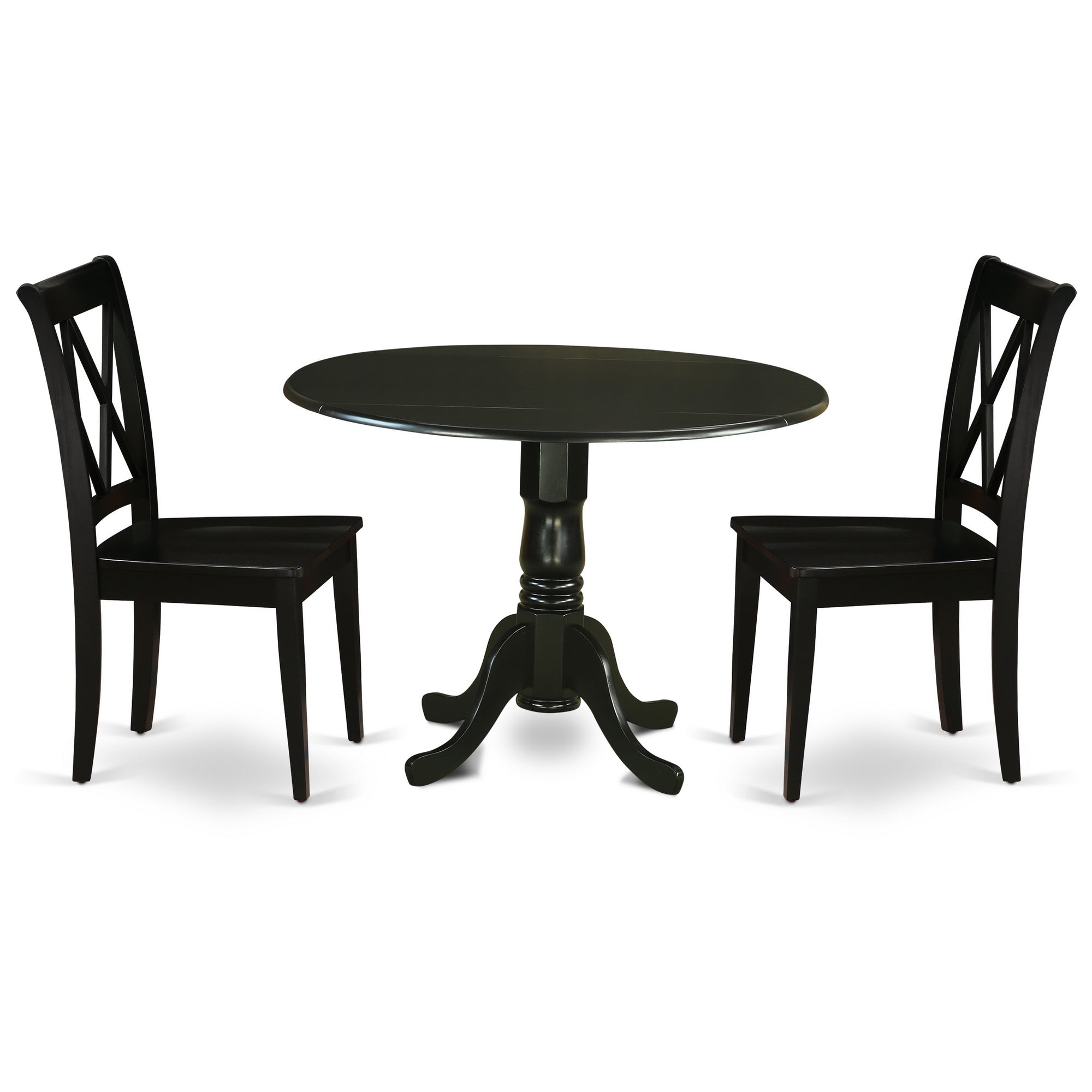 DLCL3-BLK-W 3Pc Round 42 Inch Dining Room Table With Two 9-Inch Drop Leaves And 2 Wood Seat Dining Chairs