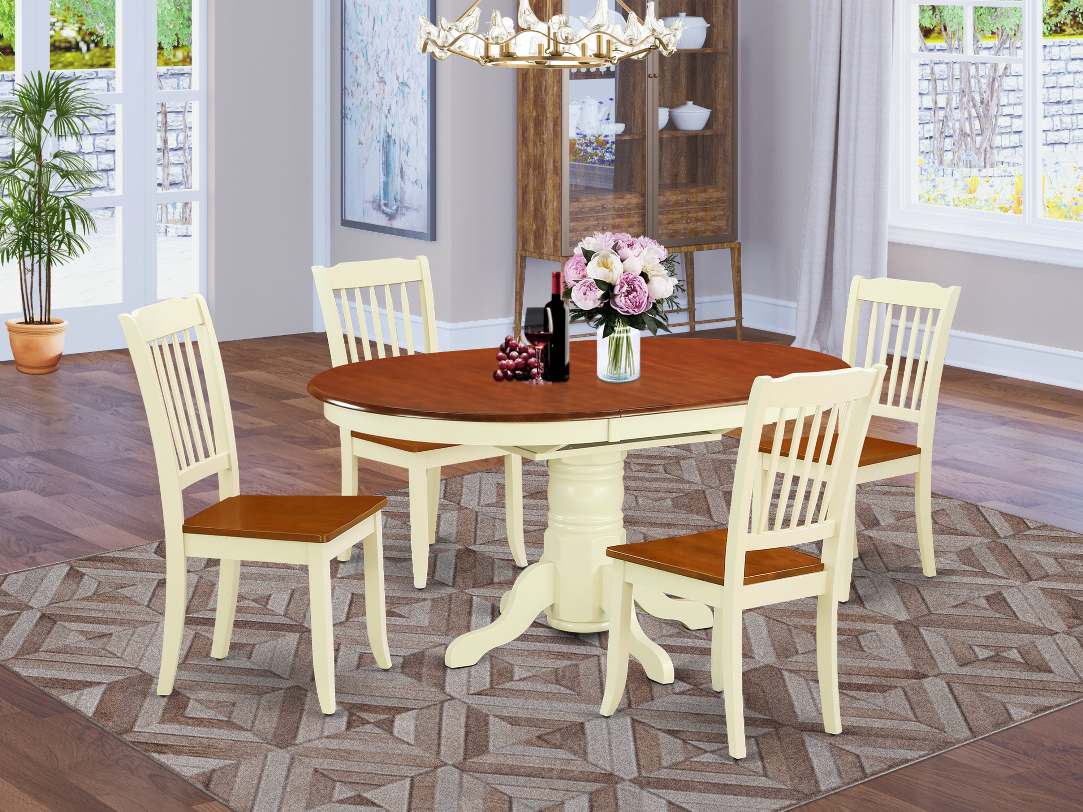 KEDA5-BMK-W 5PC Oval 42/60 inch Table with 18 In Leaf and 4 vertical slatted Chairs