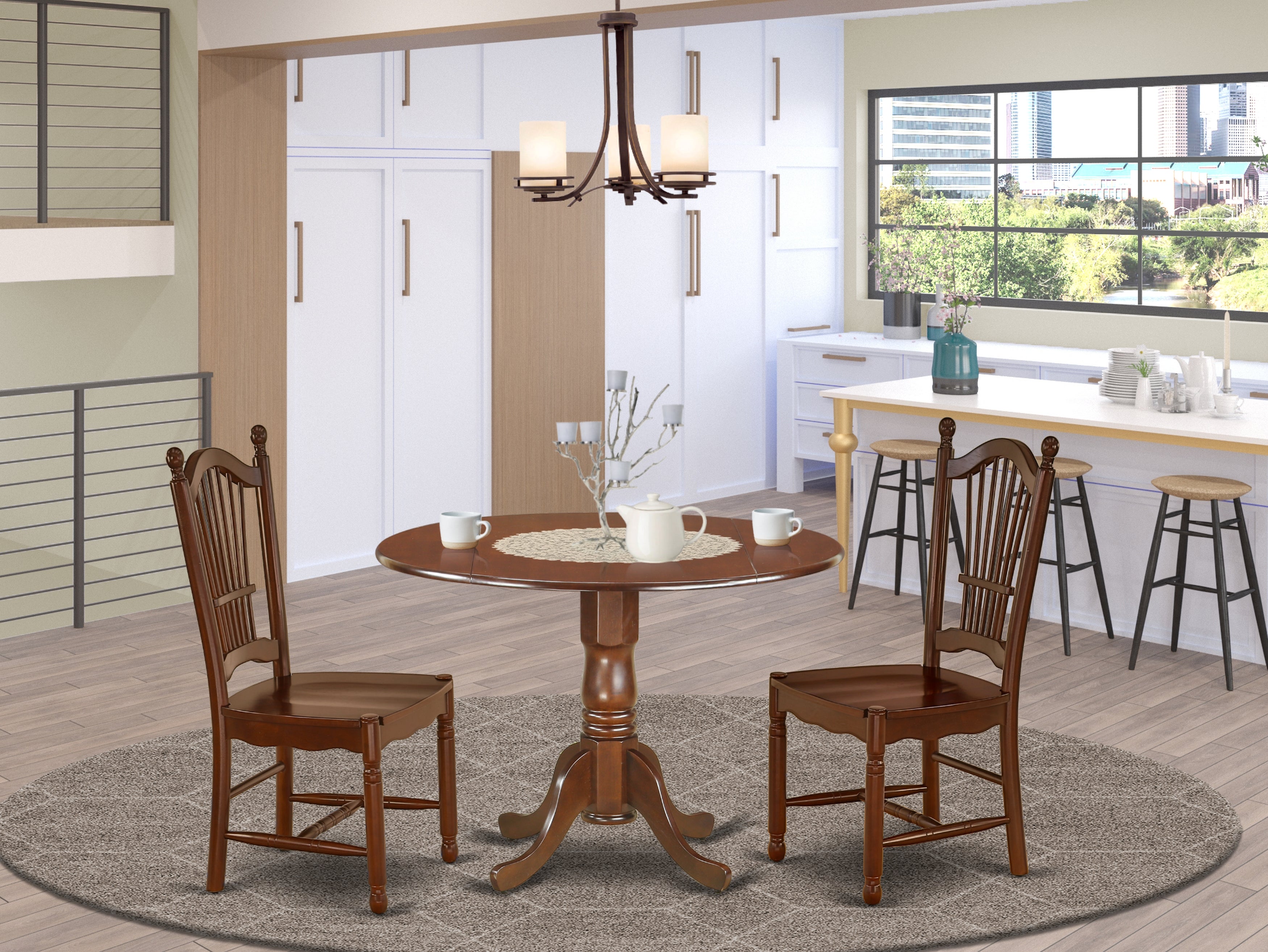 DLDO3-MAH-W 3Pc Rounded 42 Inch Family Table With Two 9-Inch Drop Leaves And Two Wood Seat Chairs