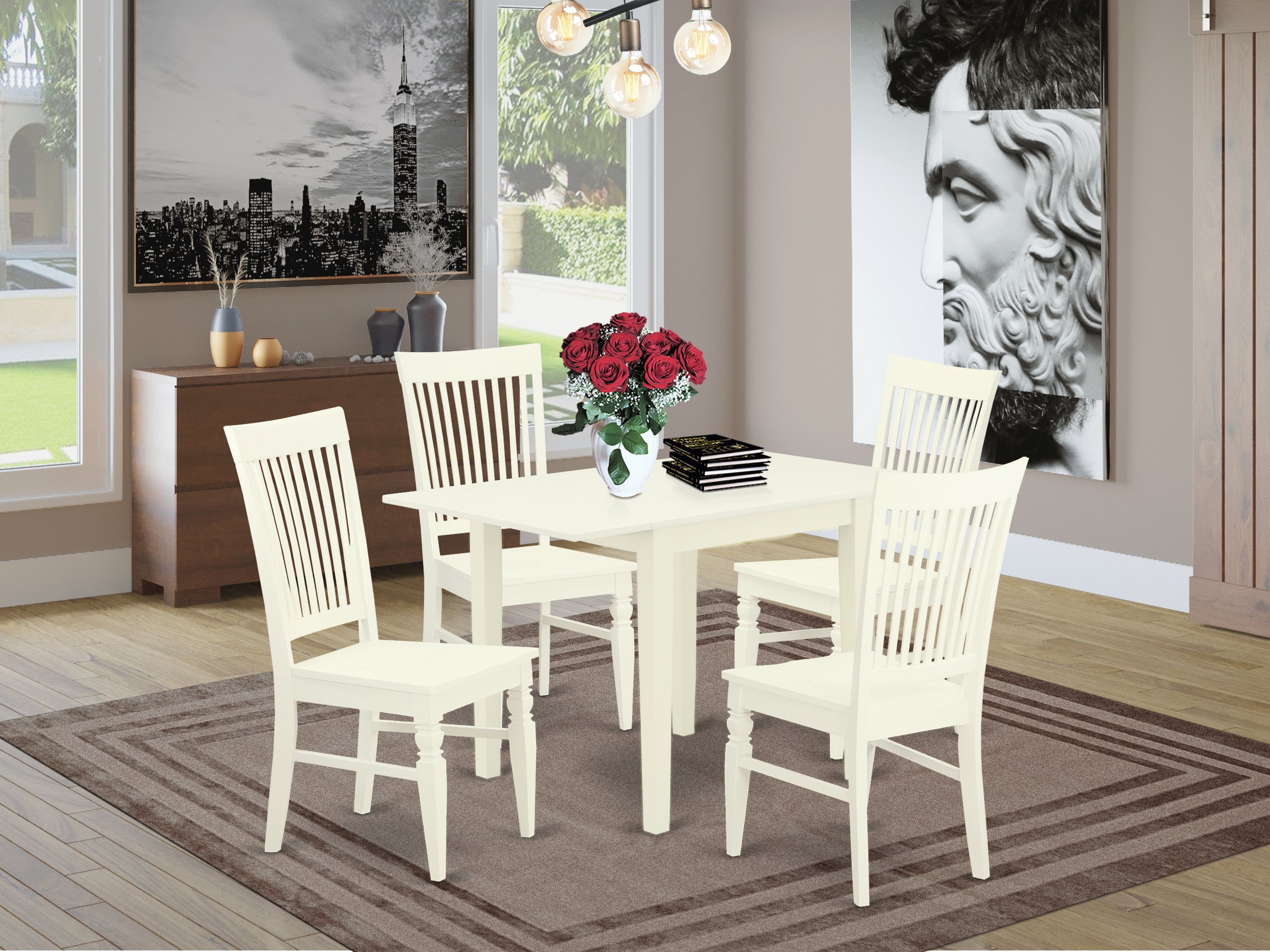 East West Furniture NDWE5-LWH-W, 5Pc Kitchen Set Features a Small Kitchen Table and 4 Modern Dining Chairs with Solid Wood Seat and Slat Back, Linen White Finish