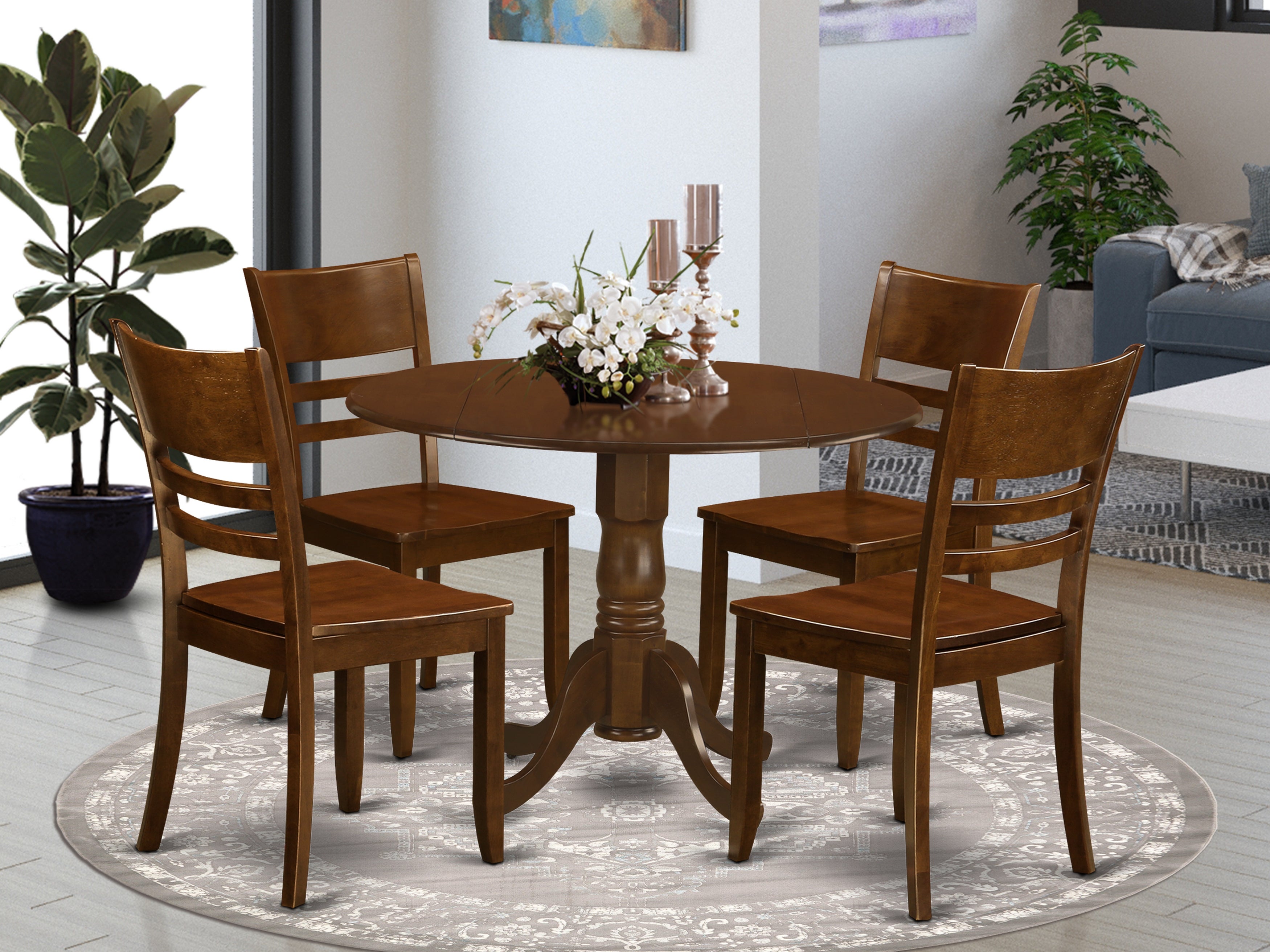 DLLY5-ESP-W 5 Pc with 2 drop leaves and 4 Wood Kitchen Chairs in Espresso .