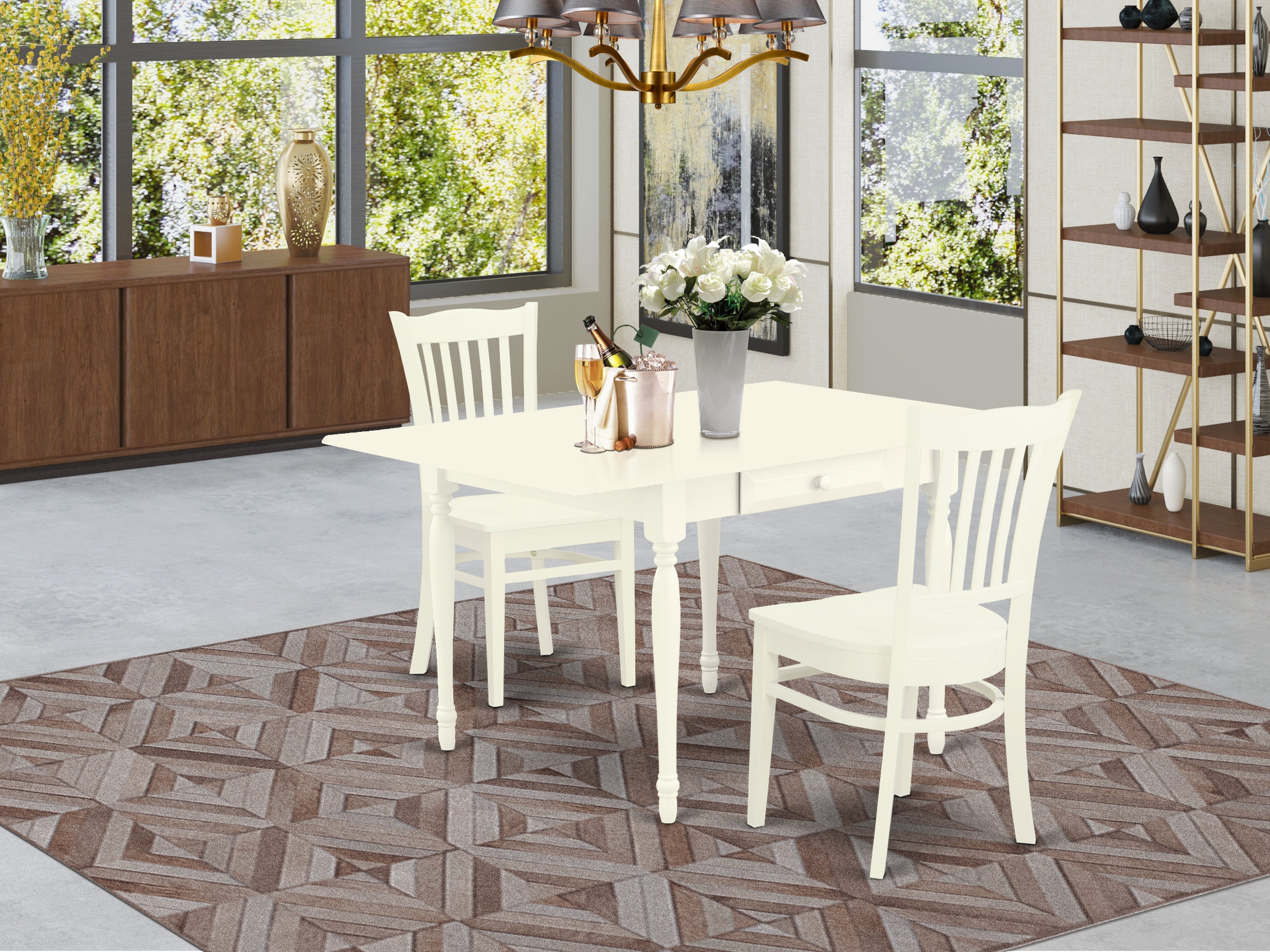 East West Furniture MZGR3-LWH-W 3 Pc Kitchen Table set - Robust Two 9-Inch Drop Down Leaves Solid Wood Dinette Table and 2 Wooden Seat Dining Chairs, Linen White Finish