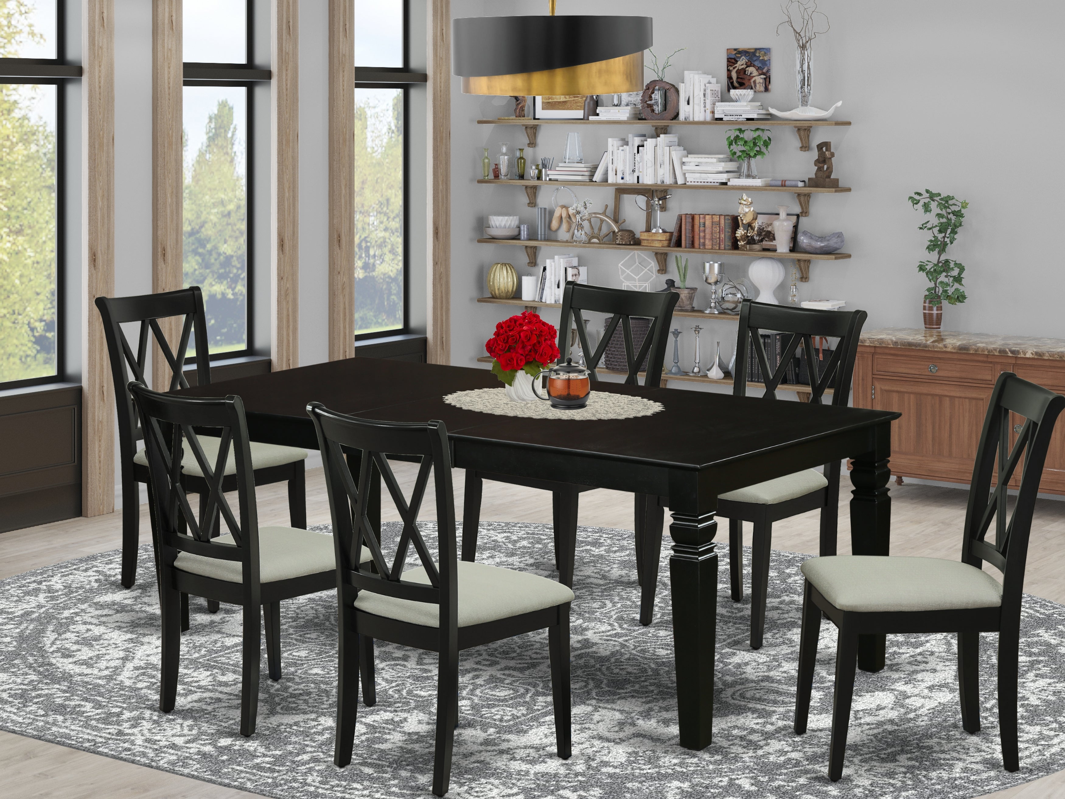 LGCL7-BLK-C 7Pc Dinette Set Includes a Rectangular Kitchen Table with Butterfly Leaf and Six Double X Back Microfiber Seat Dining Chairs, Black Finish