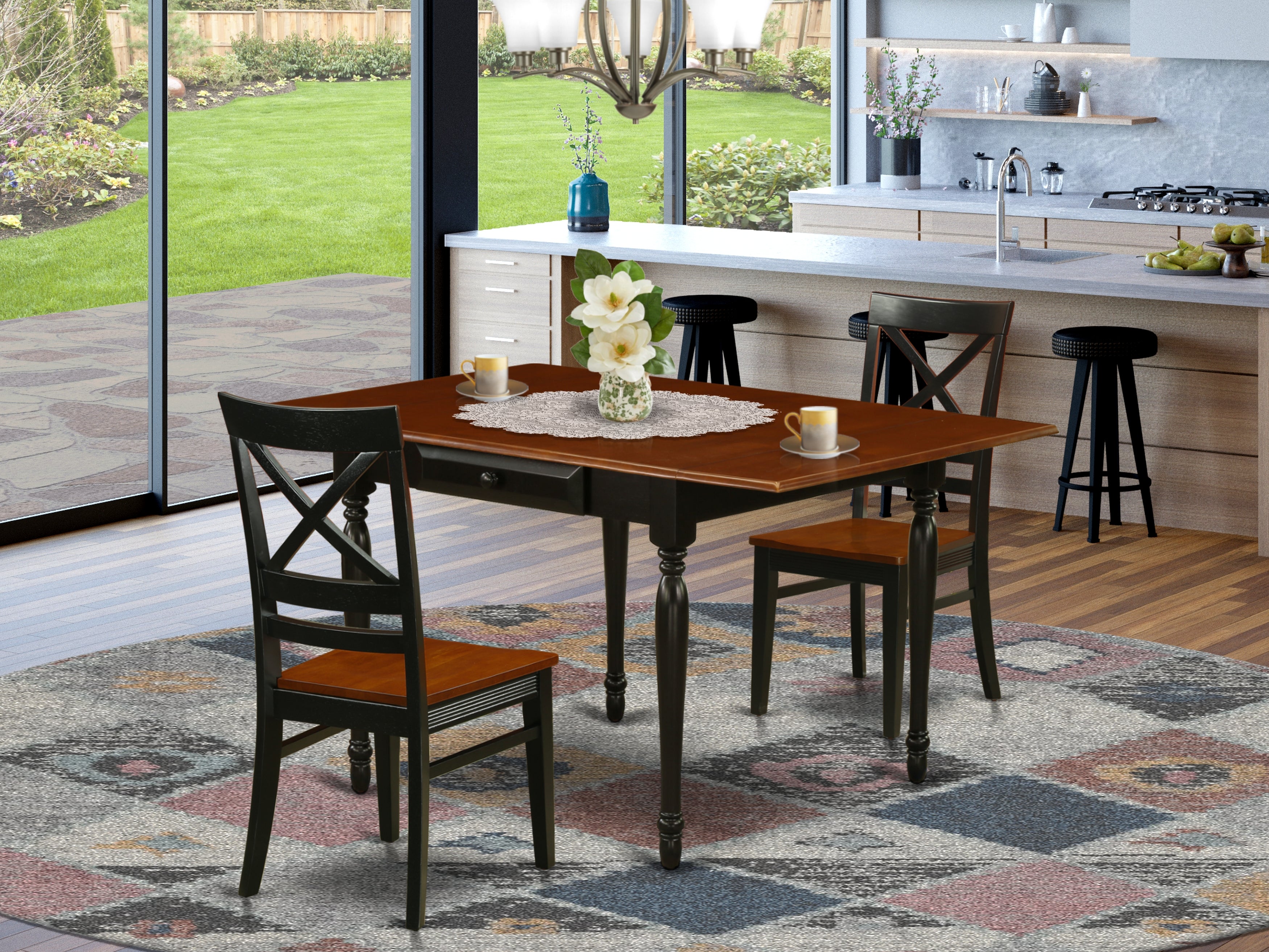 East West Furniture MZQU3-BCH-W 3 Pieces Mid-century Dining Table set - Durable Two 9-Inch Drop Down Leaves Wooden Dinette Table and 2 Solid Wood Seat Kitchen Chairs, Black and Cherry Finish