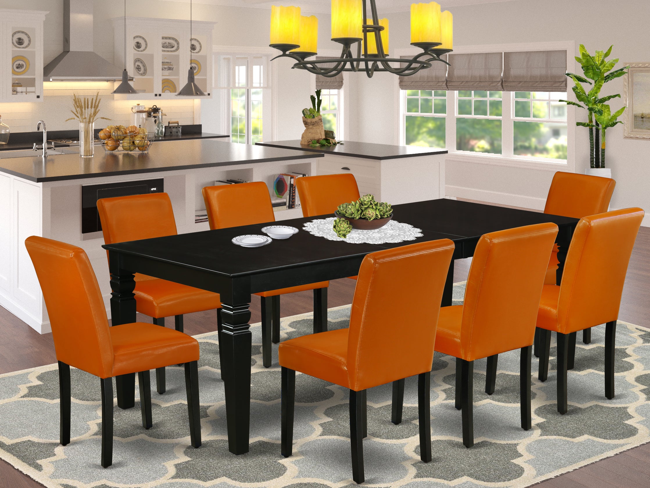 LGAB9-BLK-61 9Pc Rectangle 66/84 Inch Kitchen Table With 18 In Leaf And Eight Parson Chair With Black Leg And Pu Leather Color Baked Bean