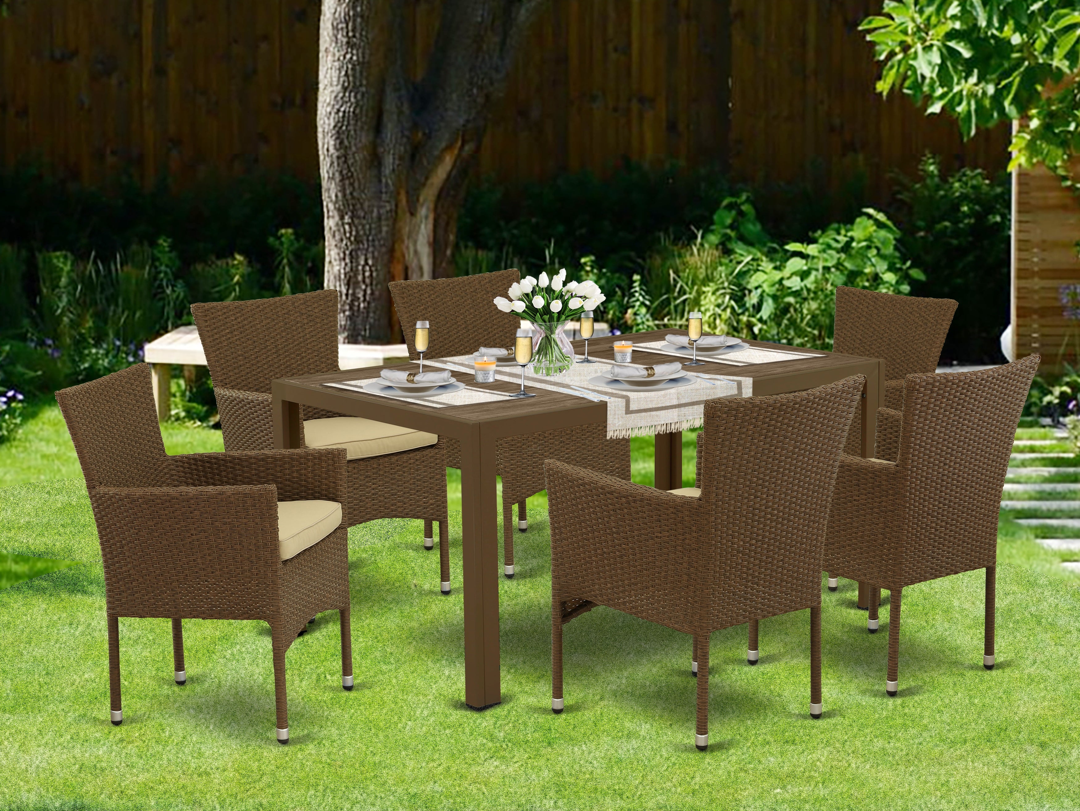 JUBK7-02A 7Pc Outdoor-Furniture Brown Wicker Dining Set Includes a Patio Table and 6 Balcony Backyard Armchair with Linen Fabric Cushion