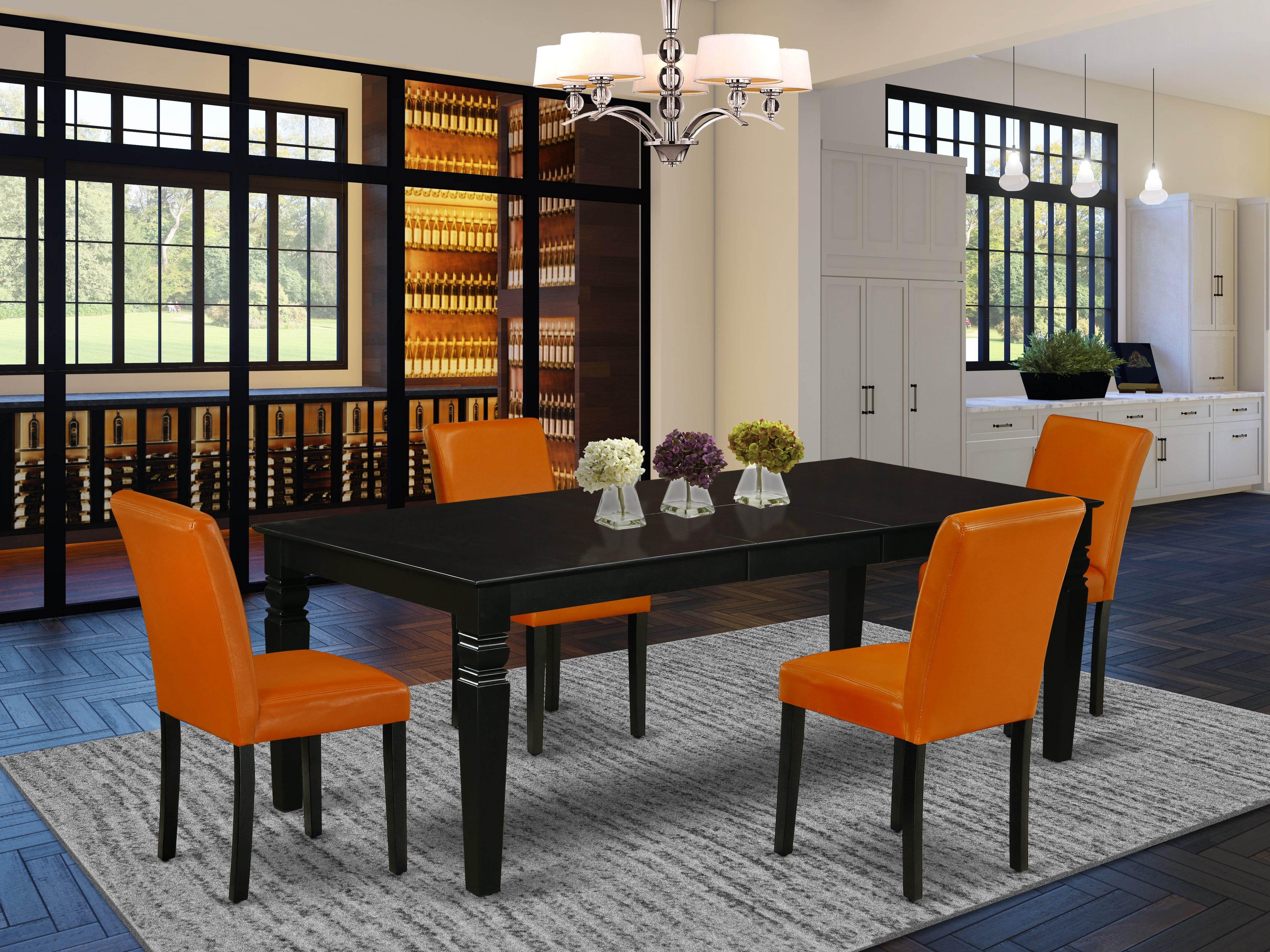 LGAB5-BLK-61 5Pc Rectangular 66/84 Inch Table With 18 In Leaf And Four Parson Chair With Black Leg And Pu Leather Color Baked Bean