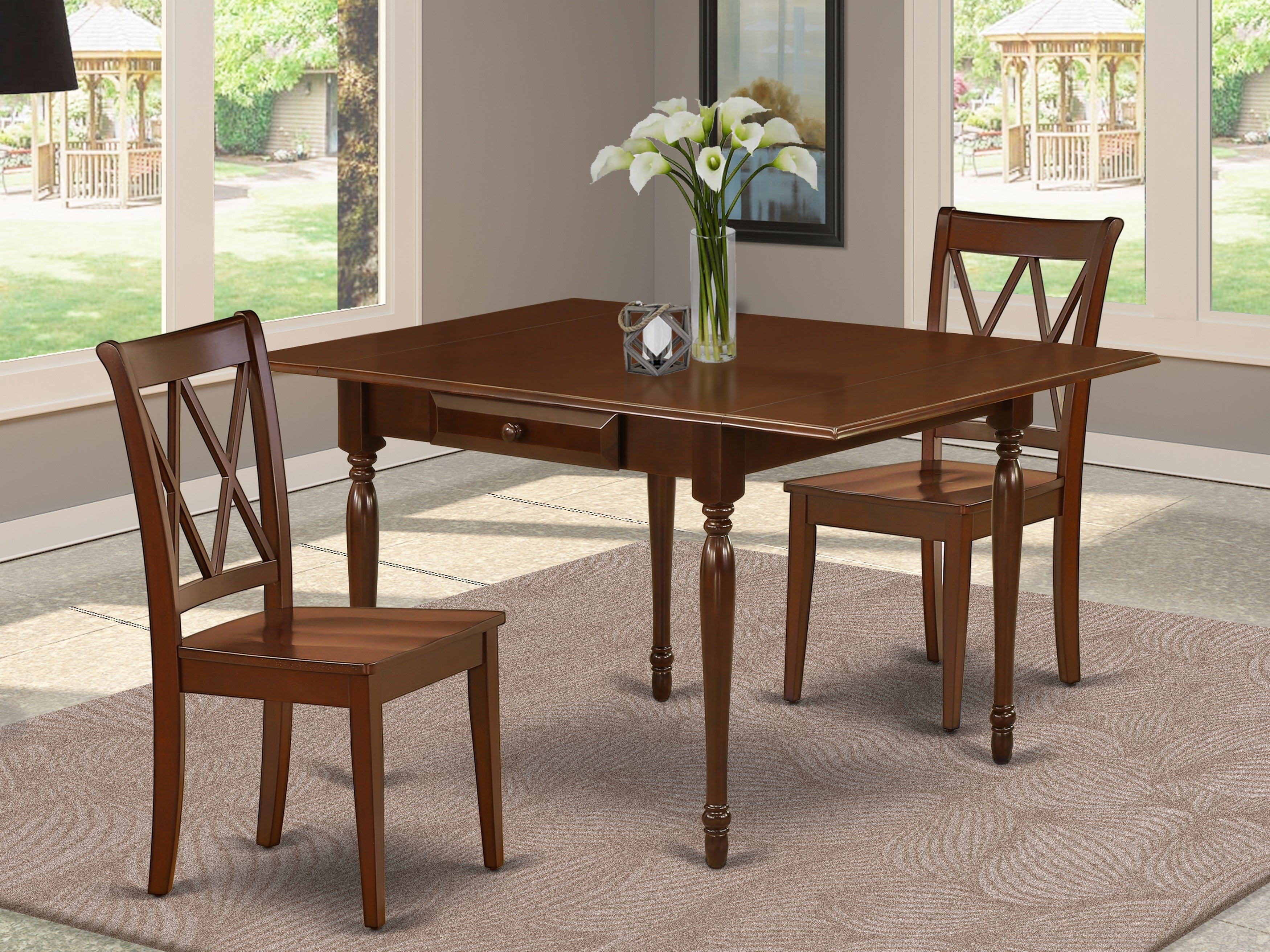 East West Furniture MZCL3-MAH-W 3Pc Dinette Sets for Small Spaces Offers a Modern Dining Table and 2 Dining Chairs with Solid Wood Seat, Drop Leaf Table with Double X Back Chairs, Mahogany Finish