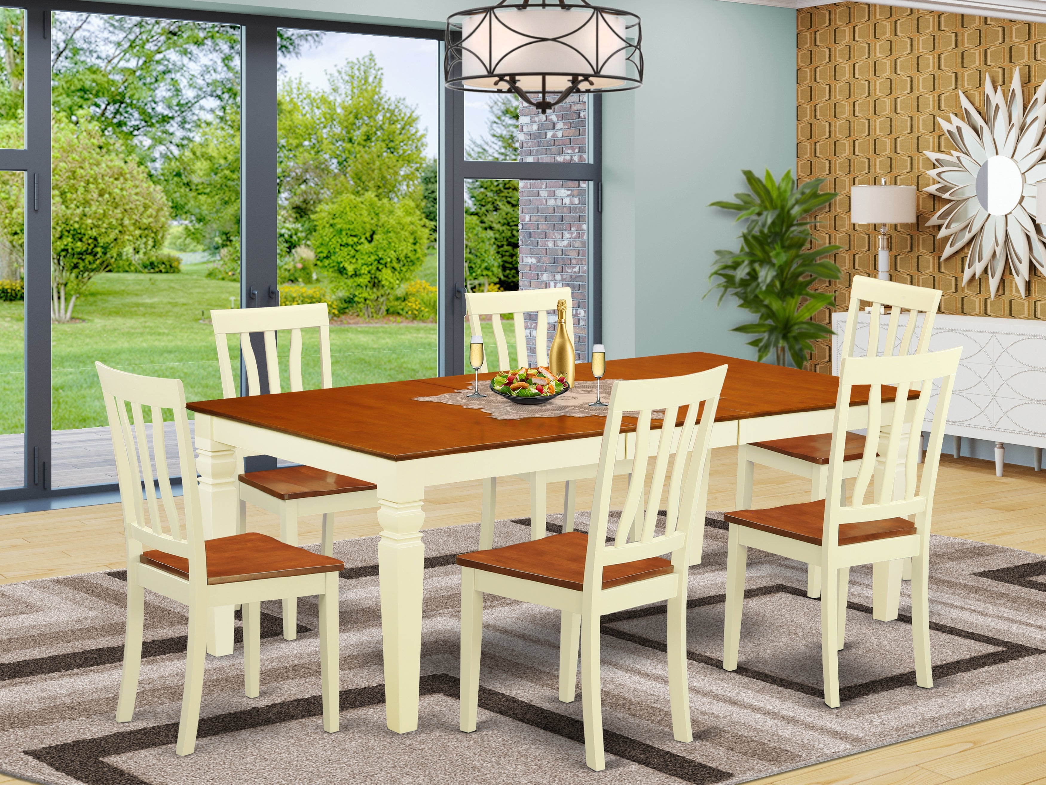 LGAN7-BMK-W 7 Pc Kitchen dinette set with a Table and 6 Dining Chairs in Buttermilk and Cherry