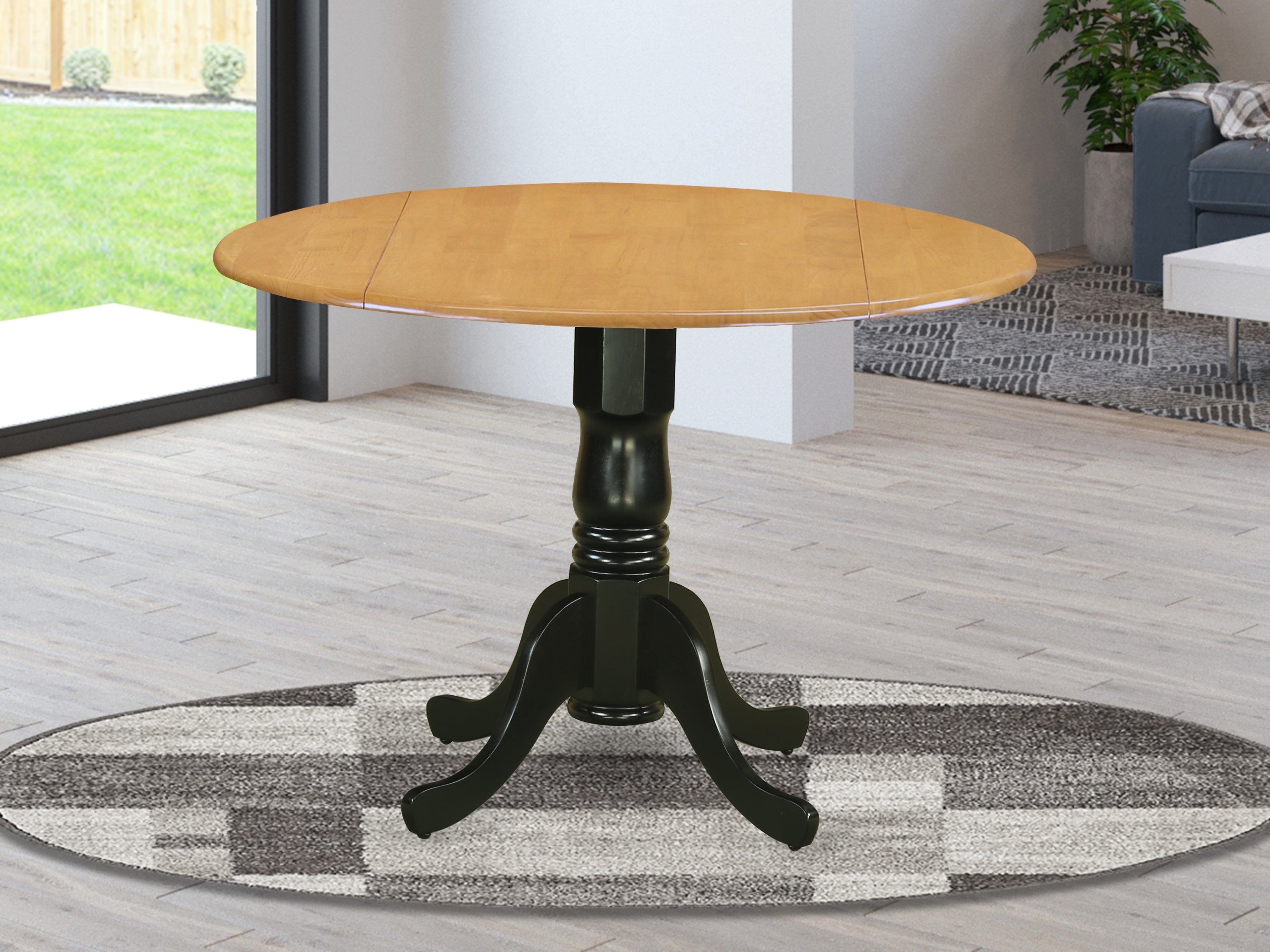 DLT-OBK-TP Dublin Round Table with two 9" Drop Leaves in Oak and Black Finish
