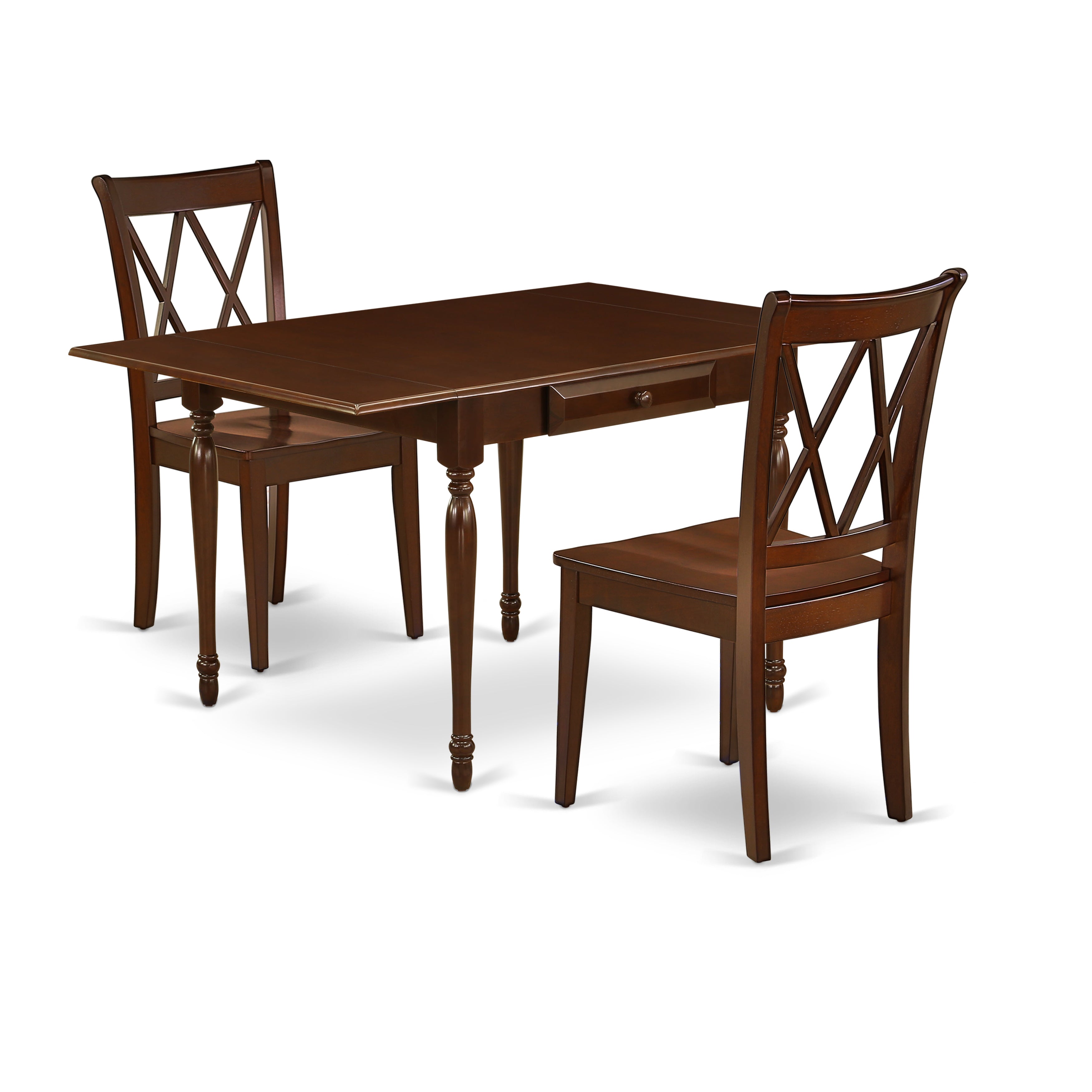 East West Furniture MZCL3-MAH-W 3Pc Dinette Sets for Small Spaces Offers a Modern Dining Table and 2 Dining Chairs with Solid Wood Seat, Drop Leaf Table with Double X Back Chairs, Mahogany Finish