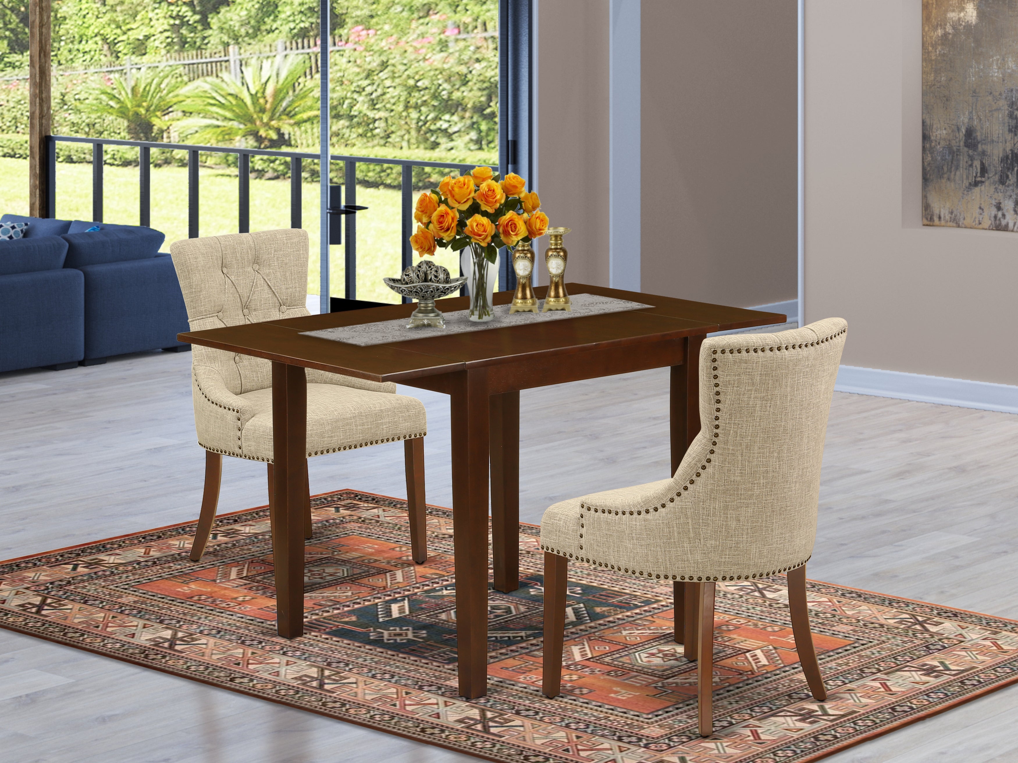 East West Furniture NDFR3-MAH-05 Dining Set 3 Pcs - Two Dining Room Chairs and Wood Table - Mahogany Finish Wood - Doeskin Color Linen Fabric