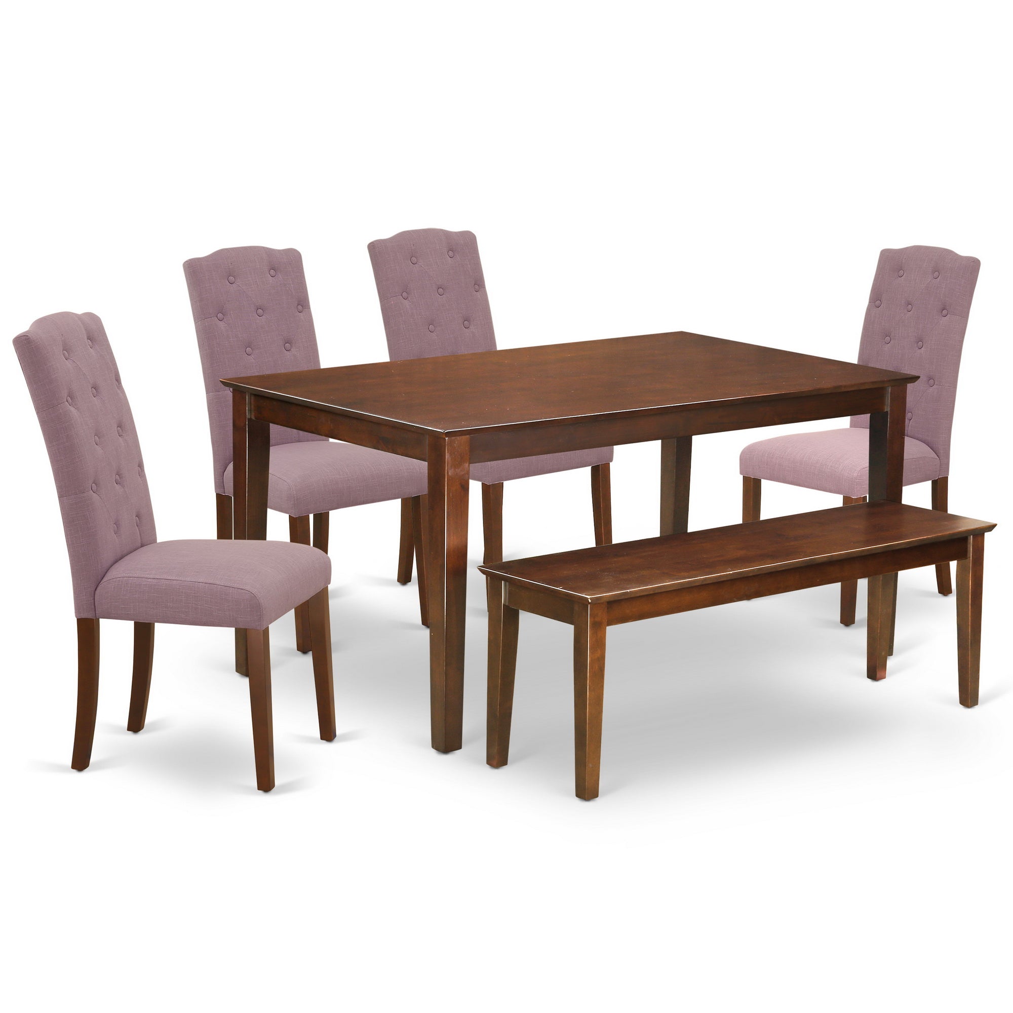 DUCE6-MAH-10 6Pc Dining Set Includes a Rectangle Dining Table, Four Parson Chairs with Dahlia Fabric and a Bench, Mahogany Finish