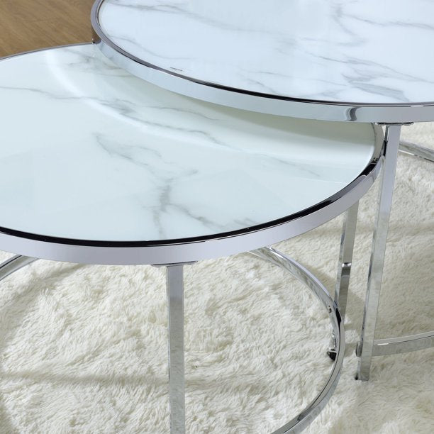 Rayne Faux Marble Nesting Cocktail Tables In White And Chrome