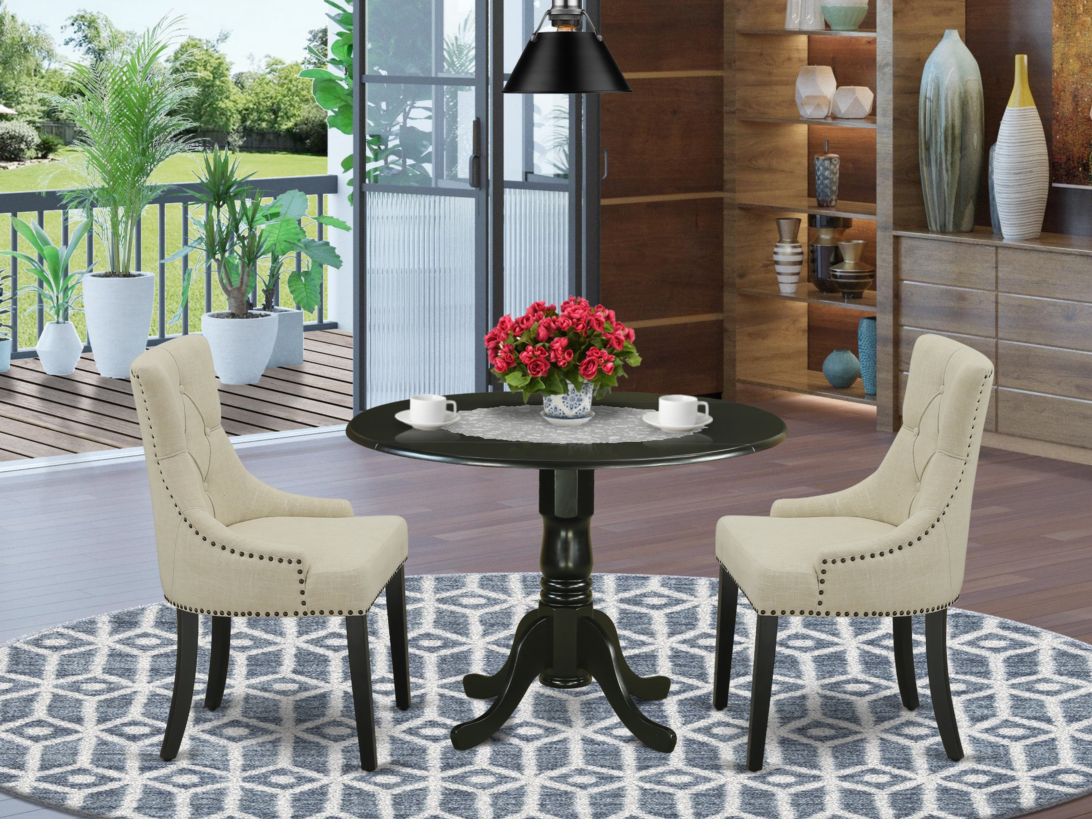 DLFR3-BLK-02 3Pc Dinette Set Includes a Rounded Kitchen Table with Drop Leaves and Two Parson Chairs with Light Beige Fabric, Black Finish