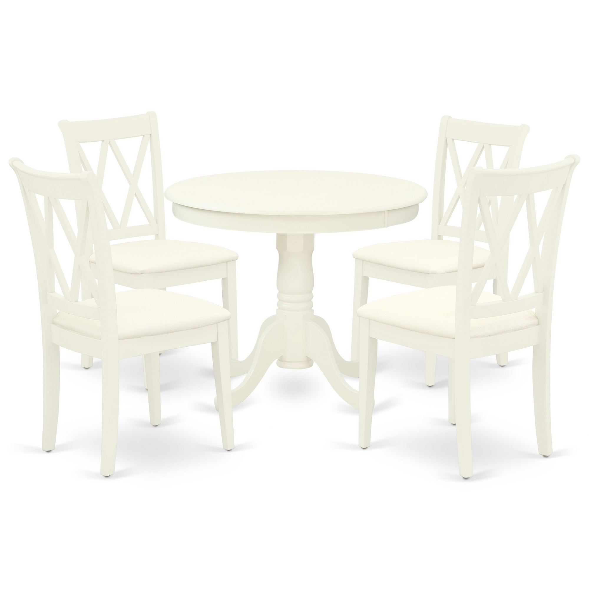 ANCL5-LWH-C 5Pc Dining Set Includes a Round Dinette Table and Four Double X Back Microfiber Seat Kitchen Chairs, Linen White Finish