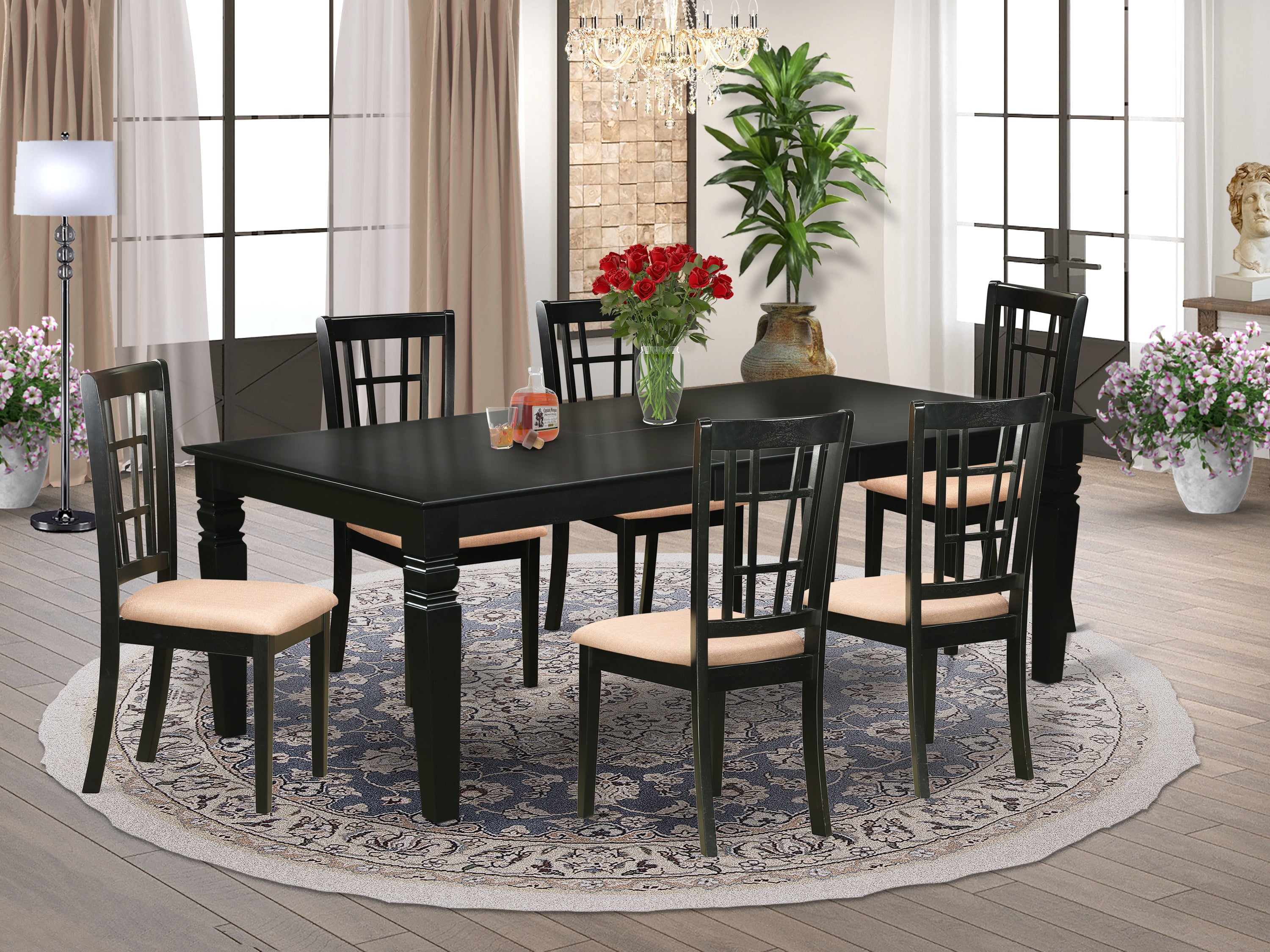 LGNI7-BLK-C 7 Pc Dining Room set with a Kitchen Table and 6 Microfiber Dining Chairs in Black