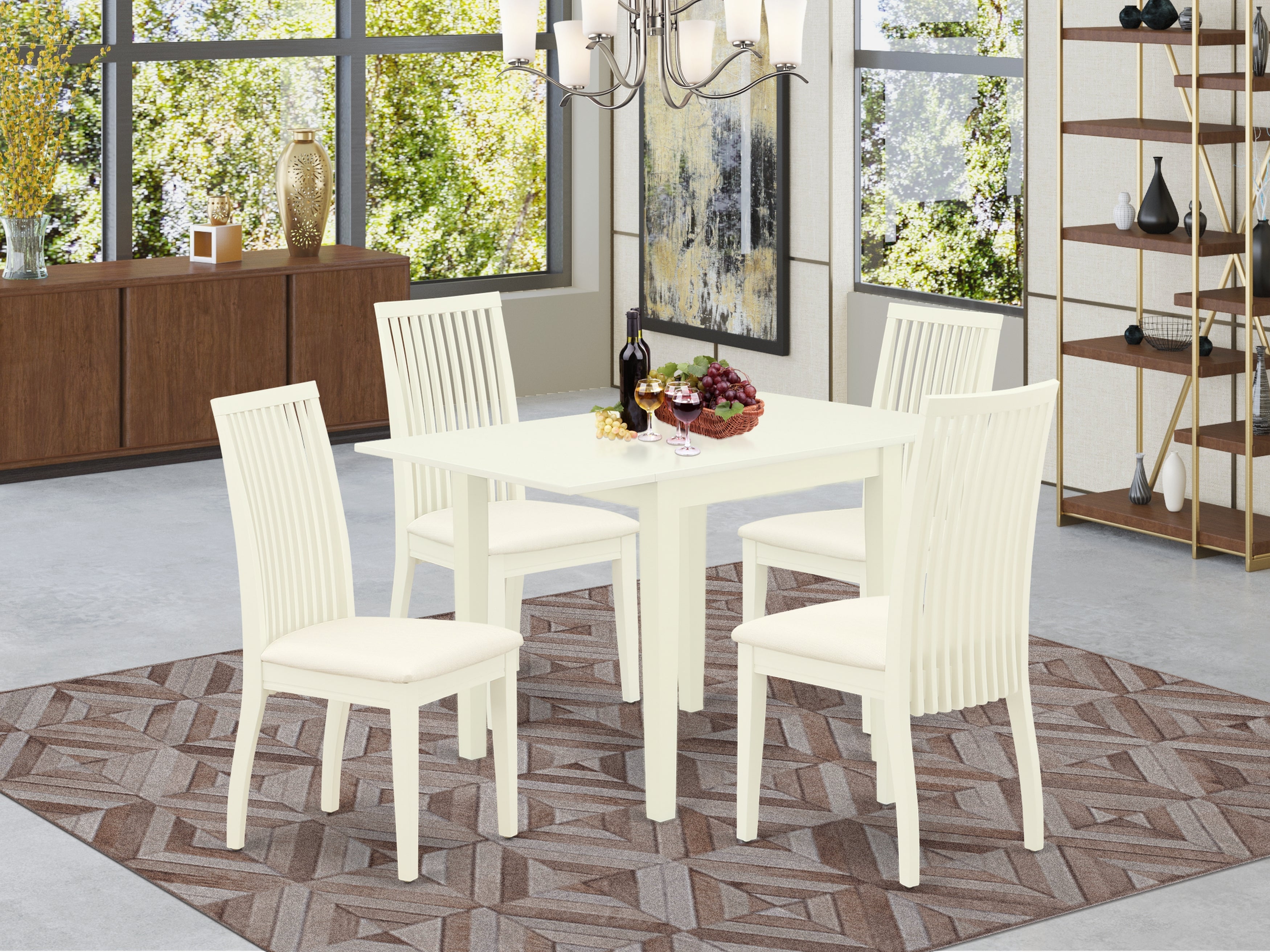 East West Furniture NDIP5-LWH-C 5Pc Wood Dining Table Set Consists of a Small Dining Table and 4 Dinette Chairs with Microfiber Upholstery Seat, Linen White Finish