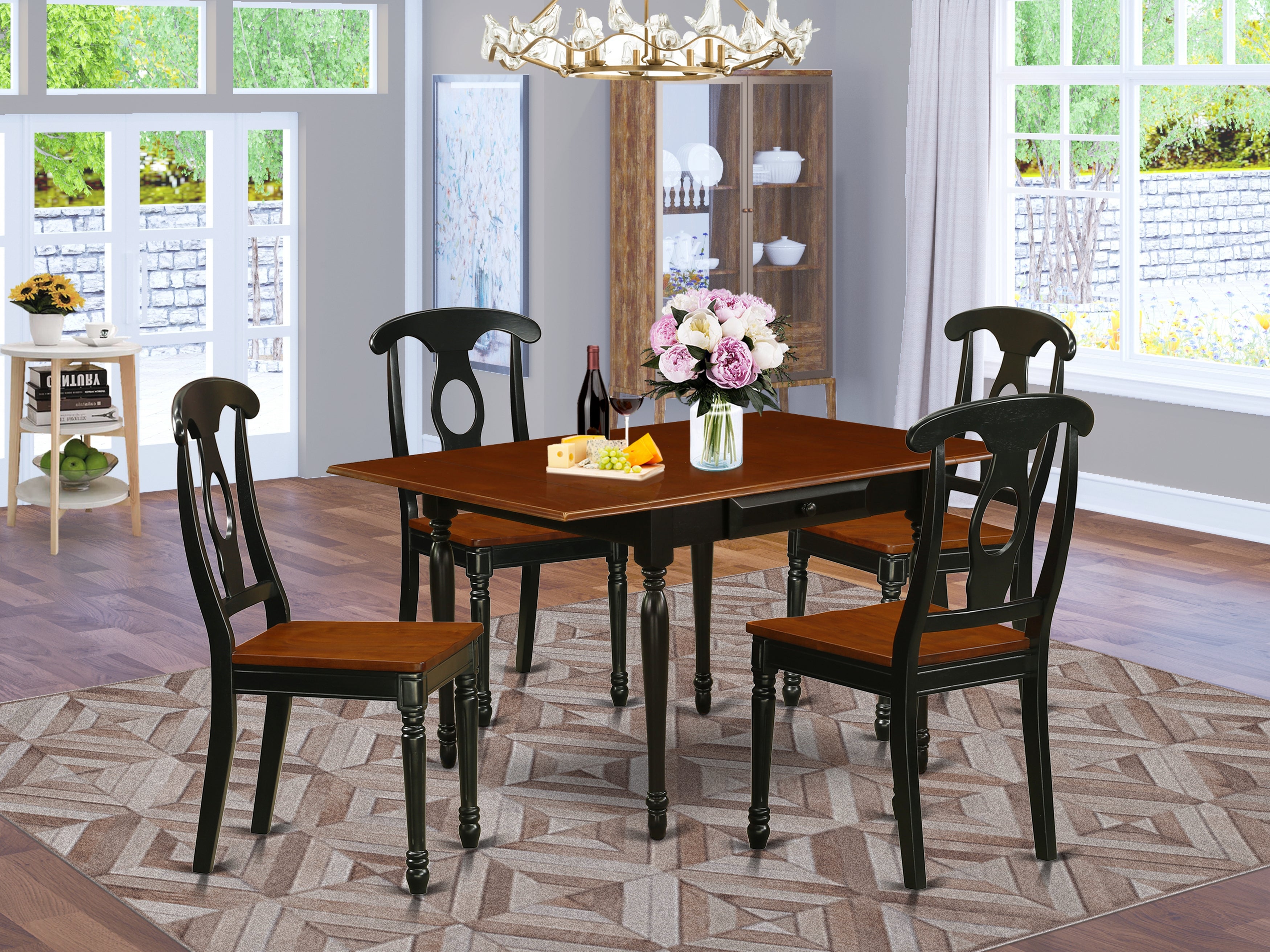 East West Furniture MZKE5-BCH-W 5 Pieces Dining Kitchen Table set - Strong Drop Leaf Real Wood Dining Table and 4 Wooden Seat Kitchen Chairs, Black and Cherry Finish