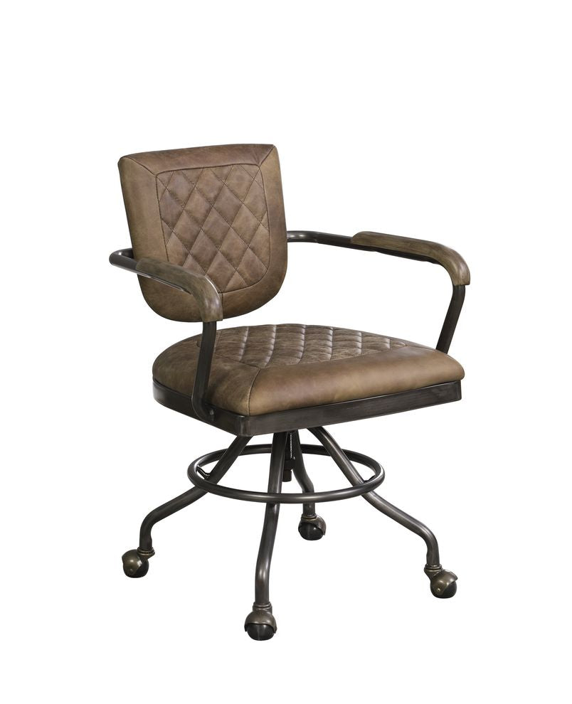 Office Chair In Antique Brown Top Grain Leather In Gun Metal Finish
