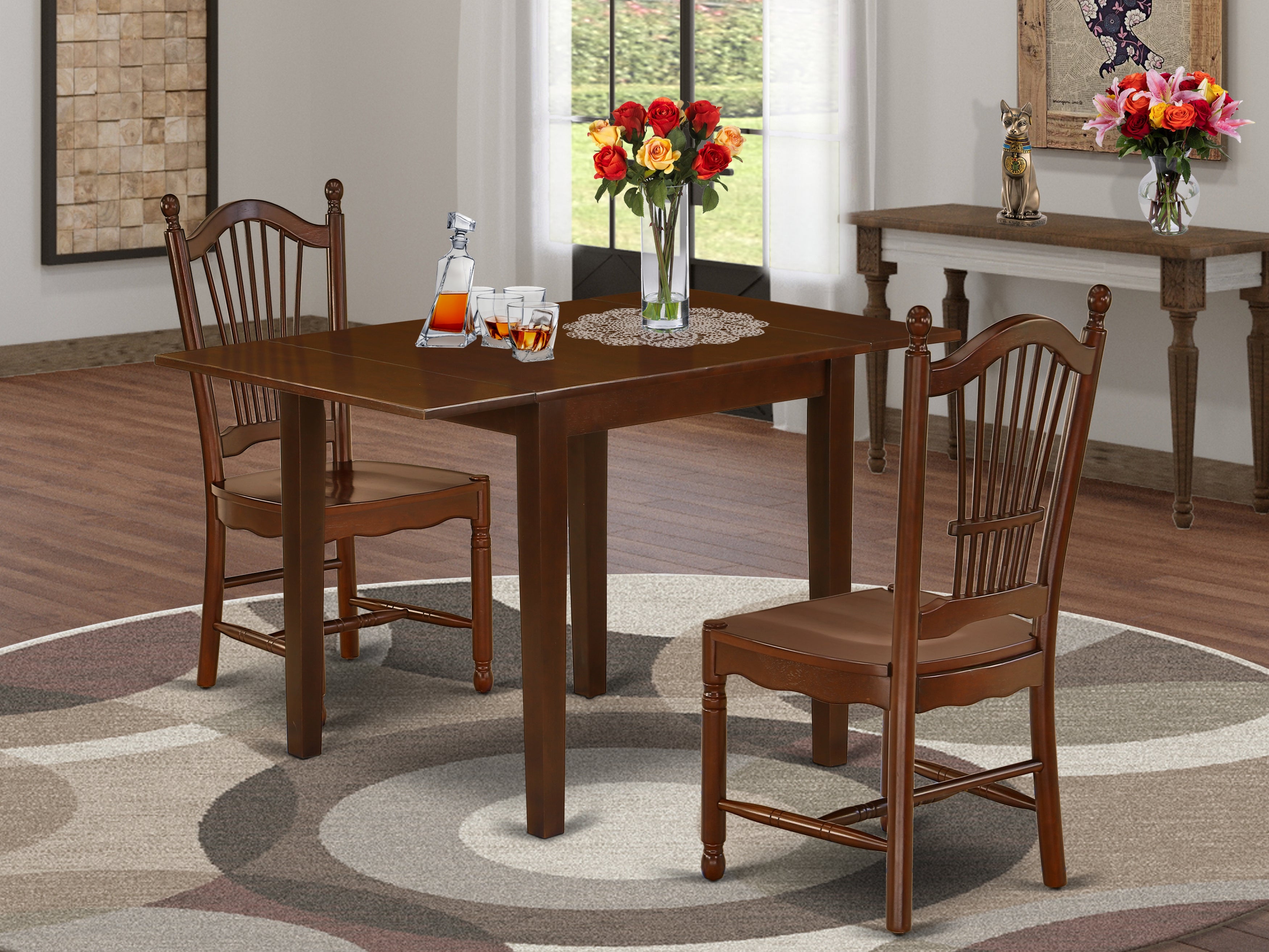 East West Furniture NDDO3-MAH-W Wooden Dining Table Set 3 Pcs- 2 Wonderful Dining Room Chairs and a Lovely Wood Dining Table - Mahogany Finish Solid wood Chair Seat - Mahogany Finish Solid wood Structure.