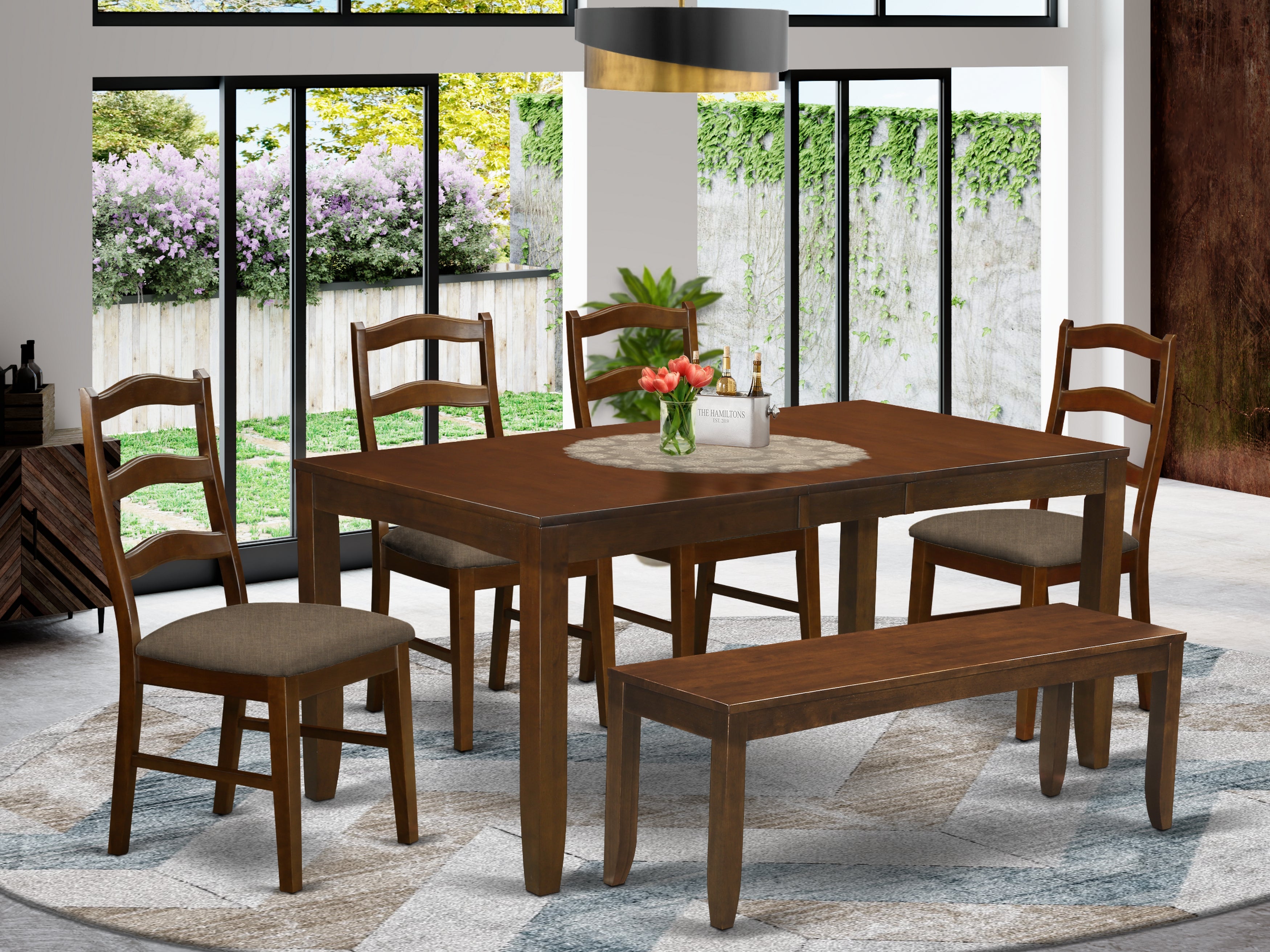 LYHE6-ESP-C 6 Pc set Dining Table with a 12in Leaf and 4 Padded Seat Chairs Plus Bench