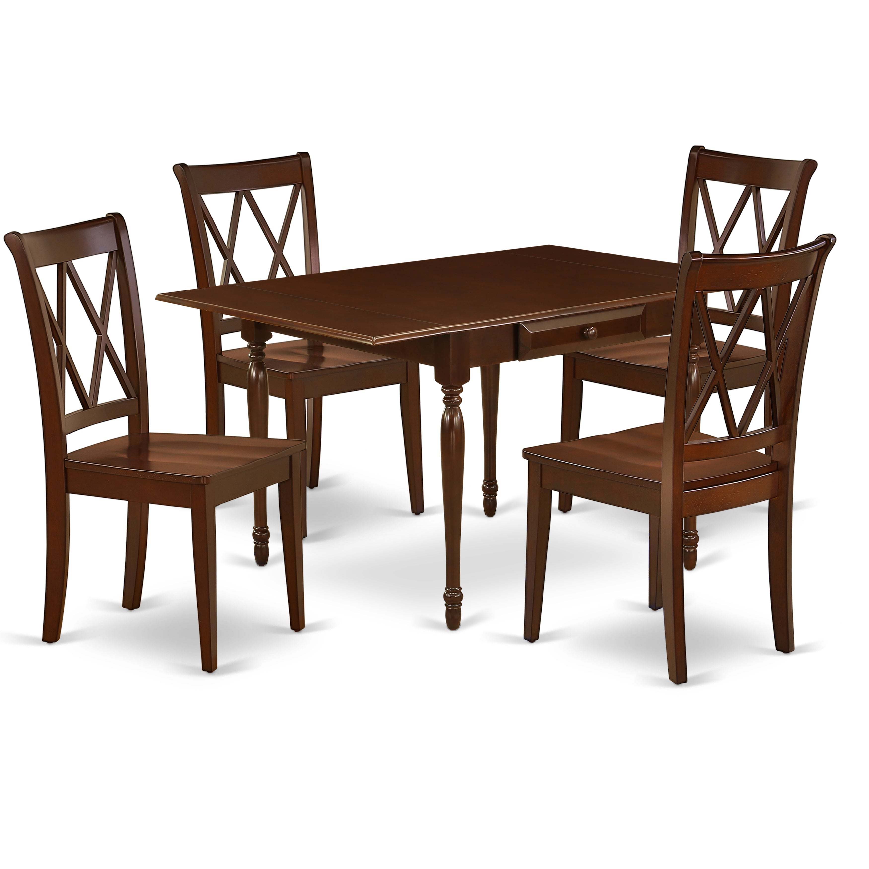 East West Furniture MZCL5-MAH-W 5Pc Modern Dining Table Set Includes a Small Dining Table and 4 Wood Dining Chairs with Wooden Seat, Drop Leaf Table with Double X Back Chairs, Mahogany Finish
