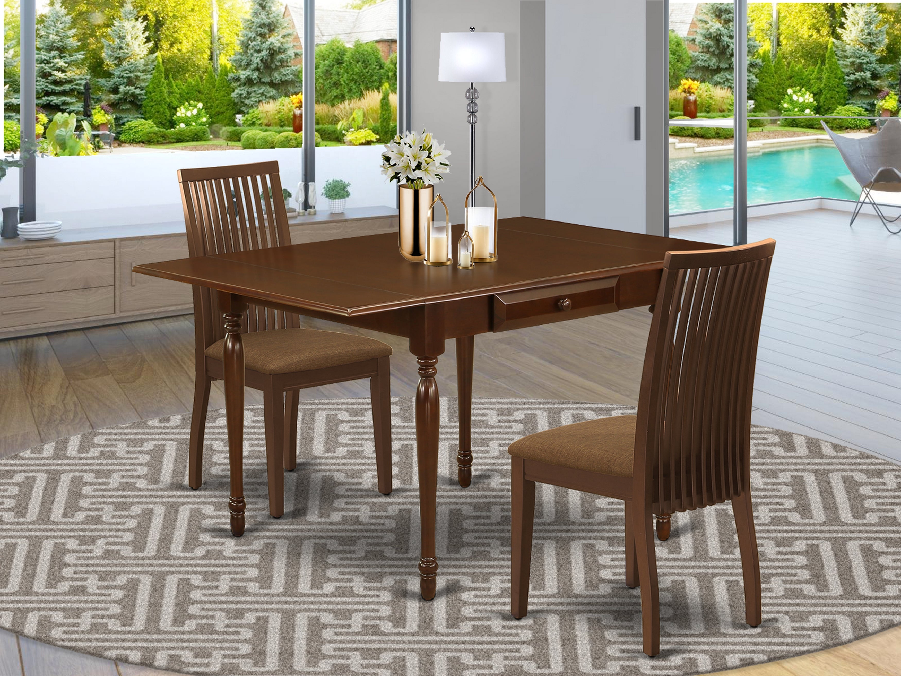East West Furniture MZIP3-MAH-C 3 Pc Wood Dining Table set - Heavy Duty Two 9-Inch Drop Down Leaves Real Wood Dinette Table and 2 Microfiber Upholstery Seat Wood Dining Chairs, Mahogany Finish