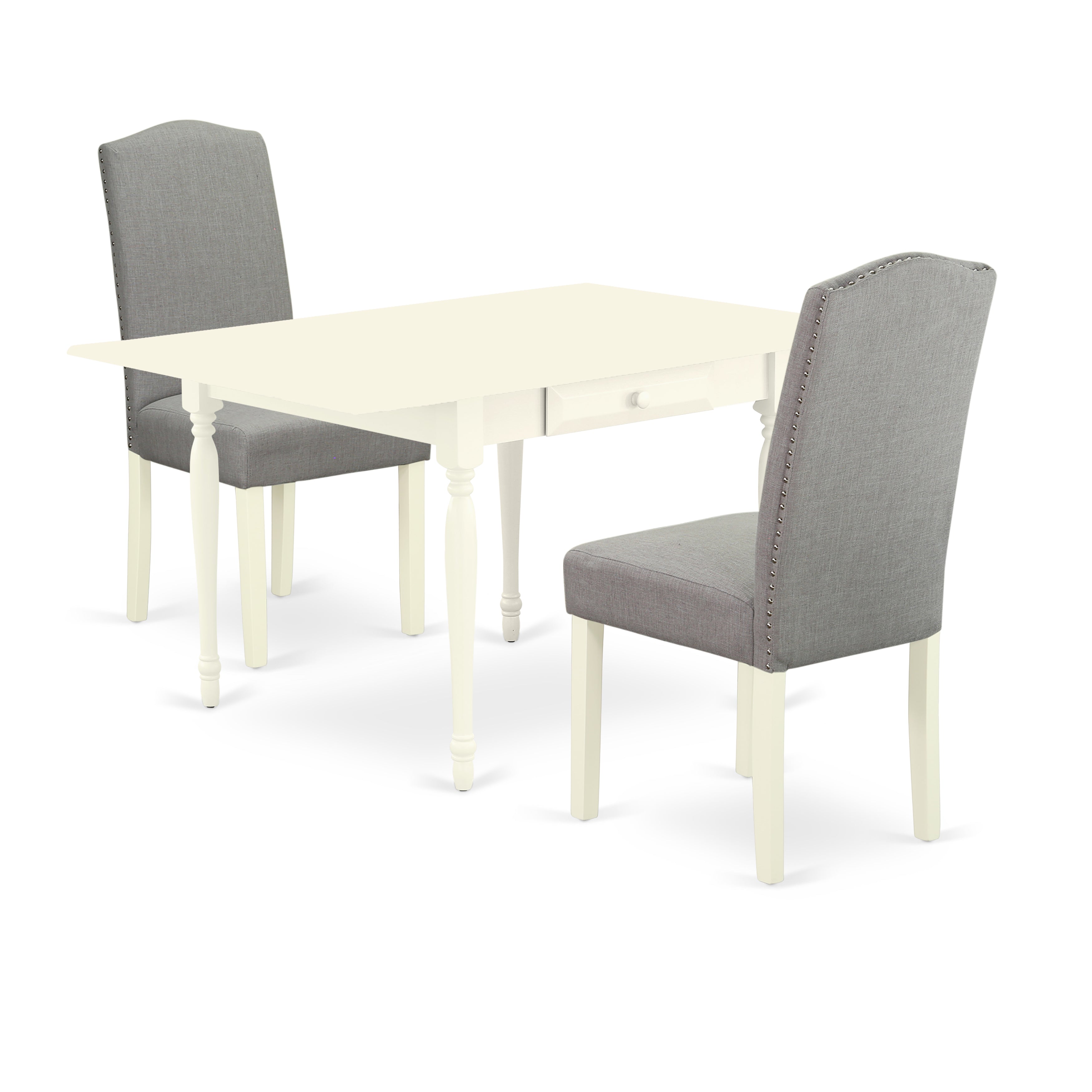 East West Furniture MZEN3-LWH-06 3Pc Dining Table Set Contains a Wood Dining Table and 2 Parsons Chairs with Shitake Color Linen Fabric, Drop Leaf Table with Full Back Chairs, Linen White Finish