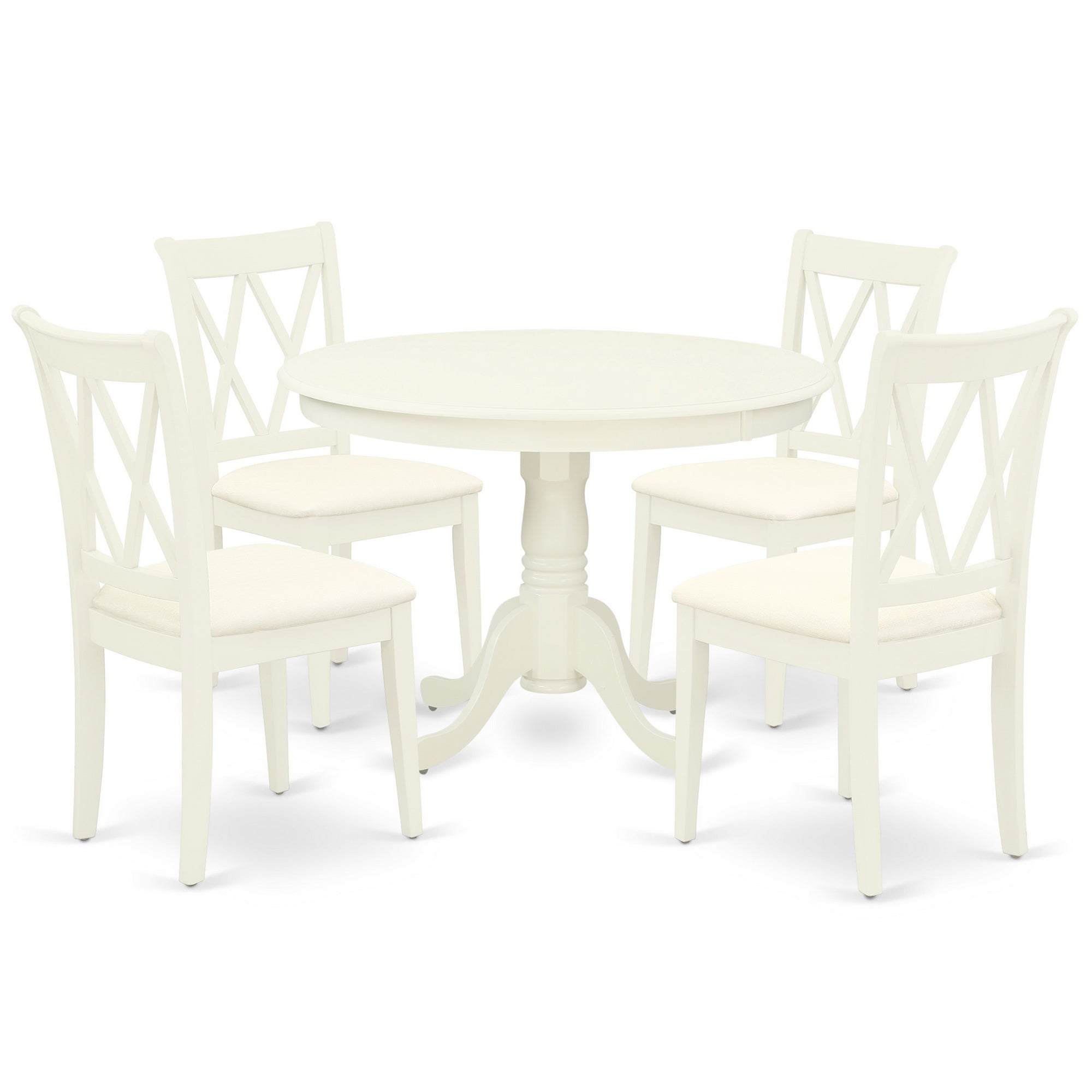 HLCL5-LWH-C 5Pc Dining Set Includes a Round Dinette Table and Four Double X Back Microfiber Seat Kitchen Chairs, Linen White Finish