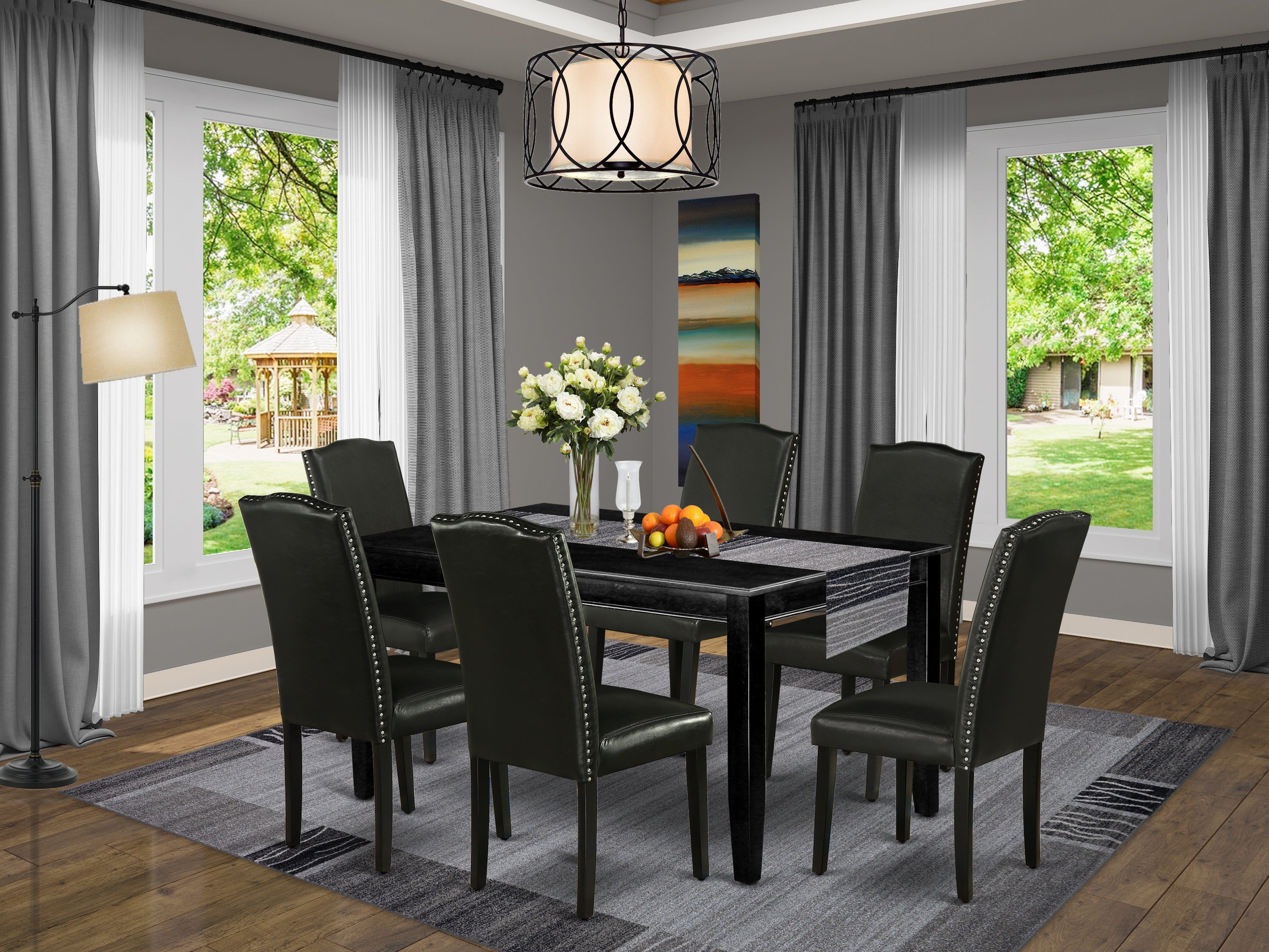 DUEN7-BLK-69 7Pc Rectangular 60 Inch Dining Table And Six Parson Chair With Black Leg And Pu Leather Color Black