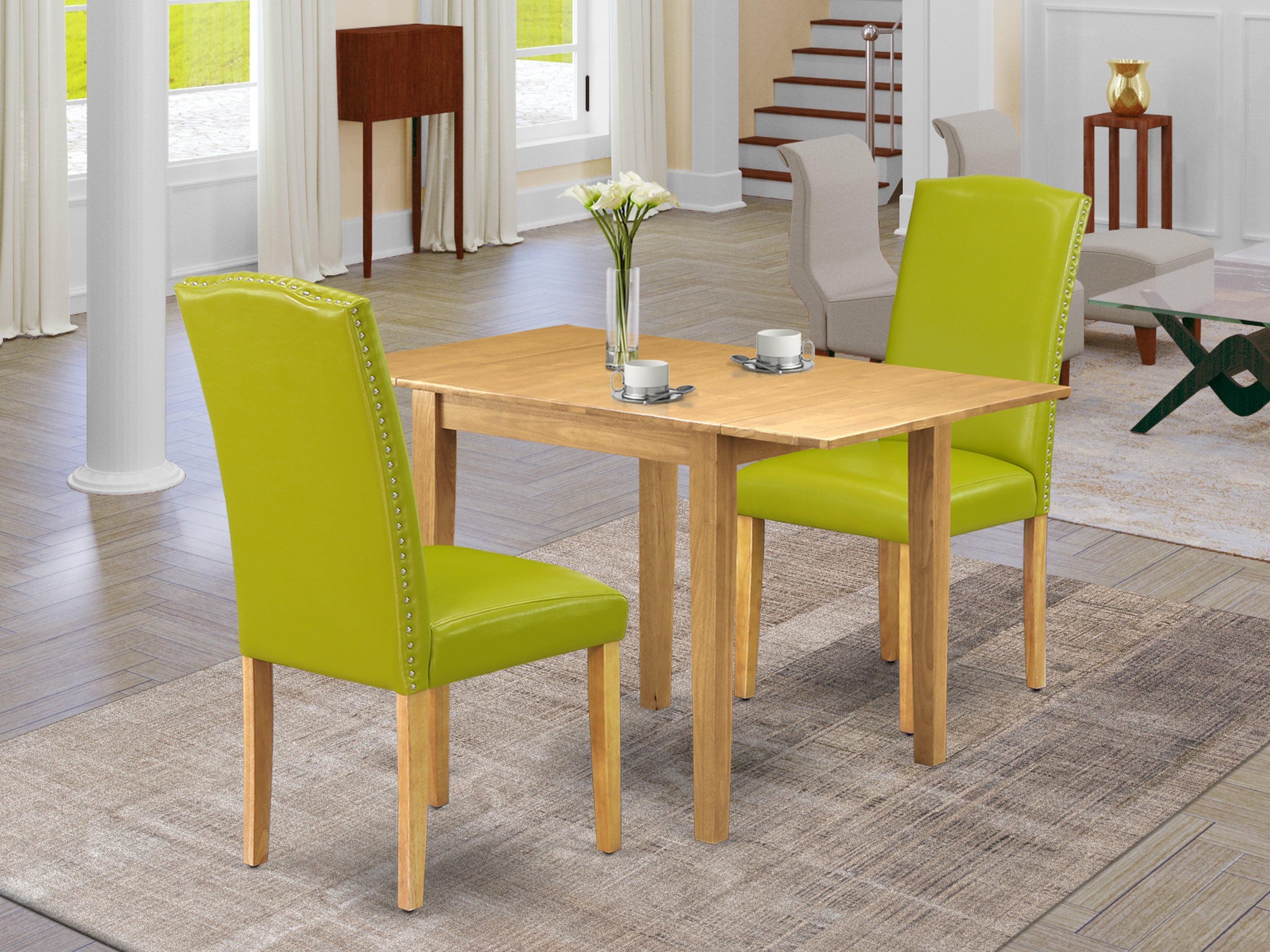 East West Furniture NDEN3-OAK-51 Dinette Set 3 Pcs - 2 Chairs For Dining Room and a Modern Dining Table - Oak Finish Hardwood - Autumn Green Color Pu Leather