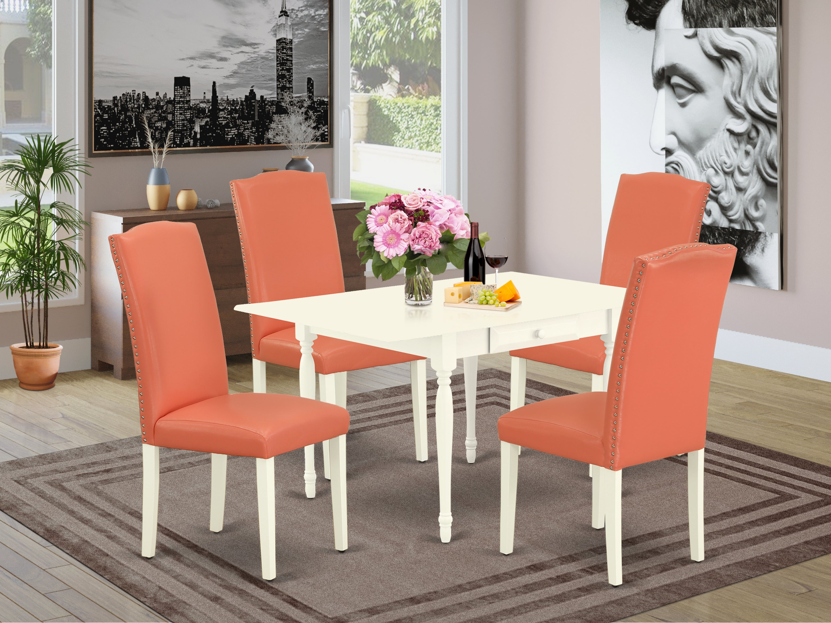 East West Furniture MZEN5-LWH-78 5Pc Kitchen Table Sets Offers a Small Kitchen Table and 4 Parsons Dining Chairs with Pink Flamingo Color PU Leather, Drop Leaf Table with Full Back Chairs, Linen White Finish