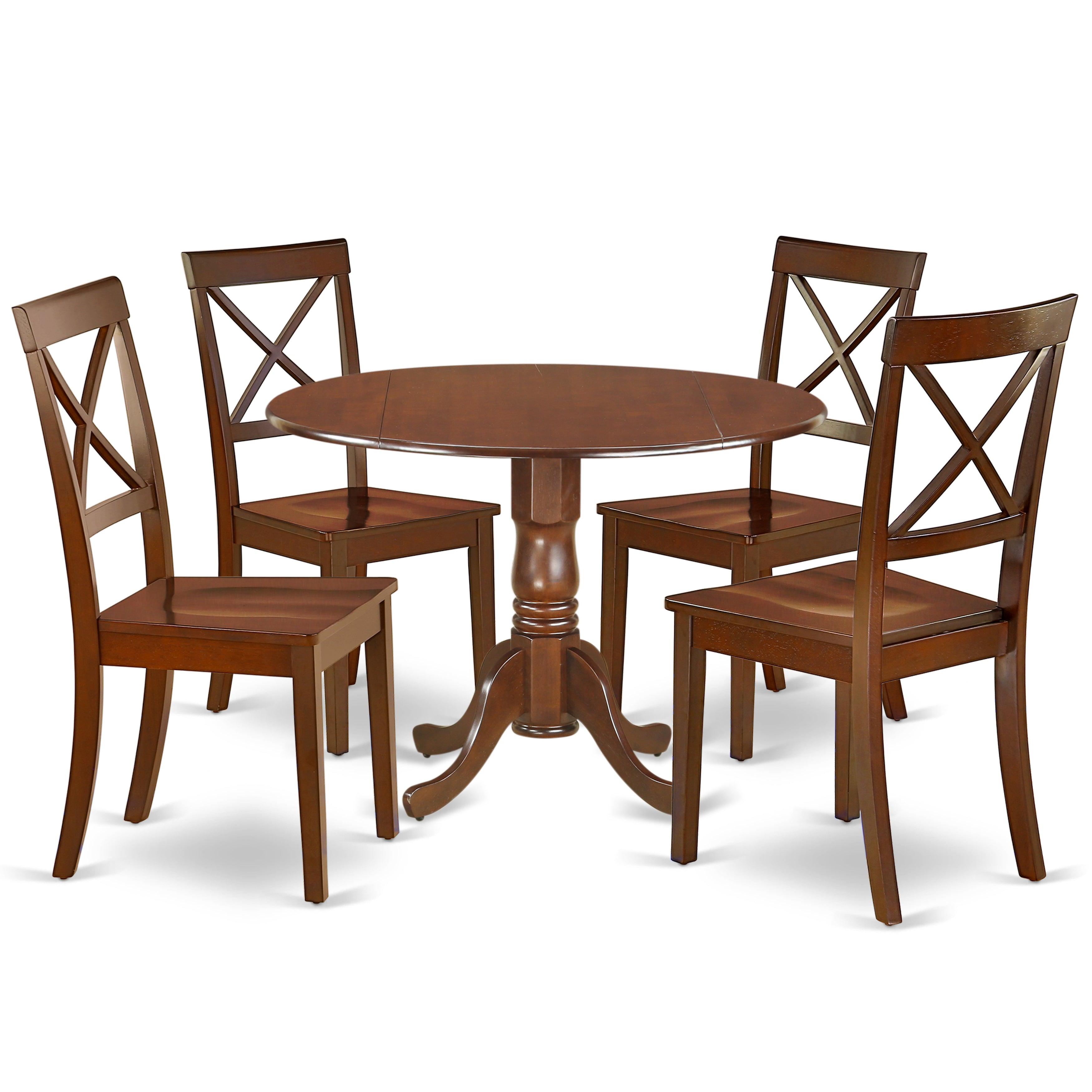 DLBO5-MAH-W 5Pc Rounded 42 Inch Kitchen Table With Two 9-Inch Drop Leaves And Four Wood Seat Dining Chairs