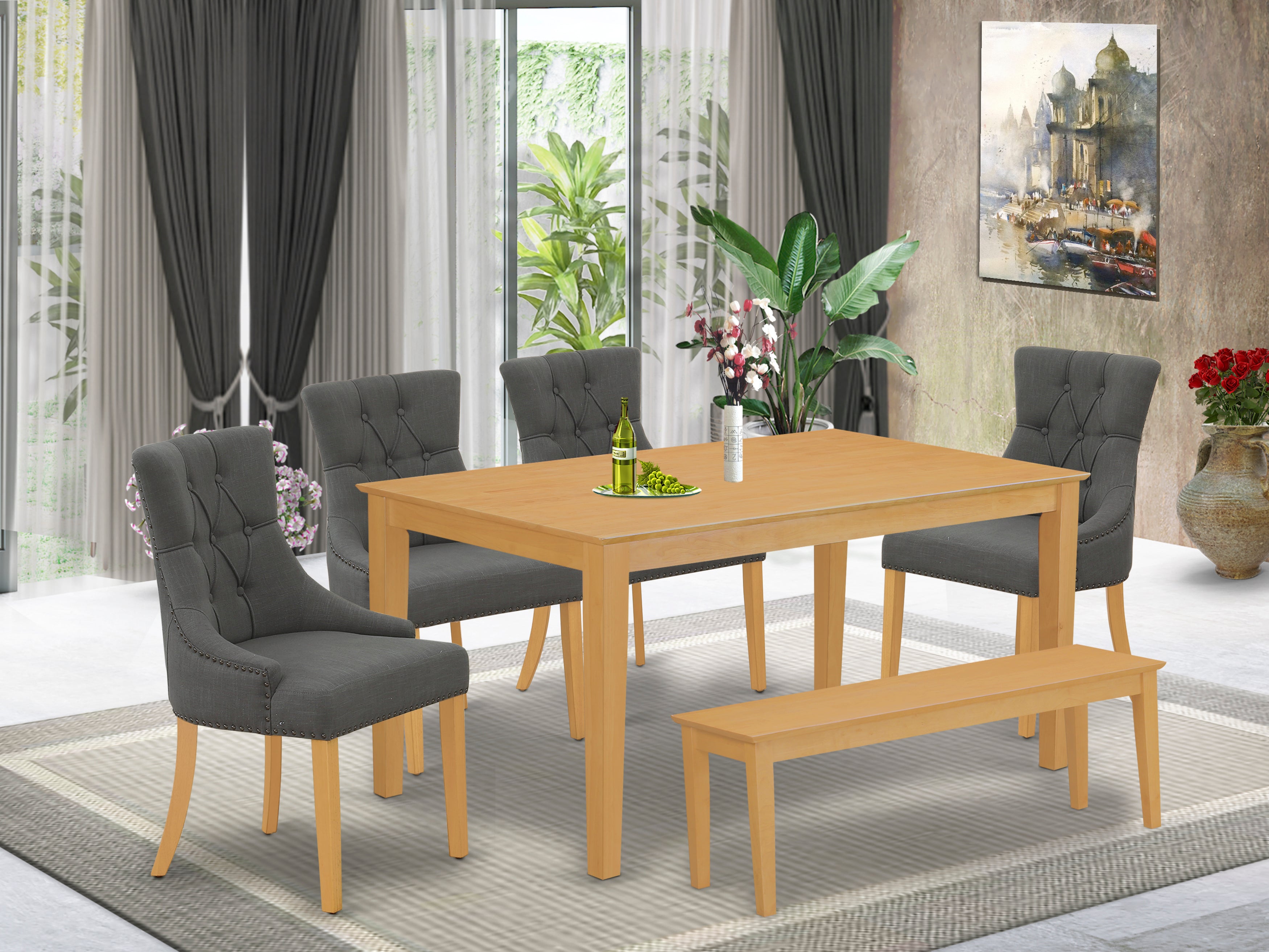CAFR6-OAK-20 6Pc Dining Set Includes a Rectangle Dinette Table and Four Parson Chairs with Dark Gotham Grey Fabric and a Bench, Oak Finish
