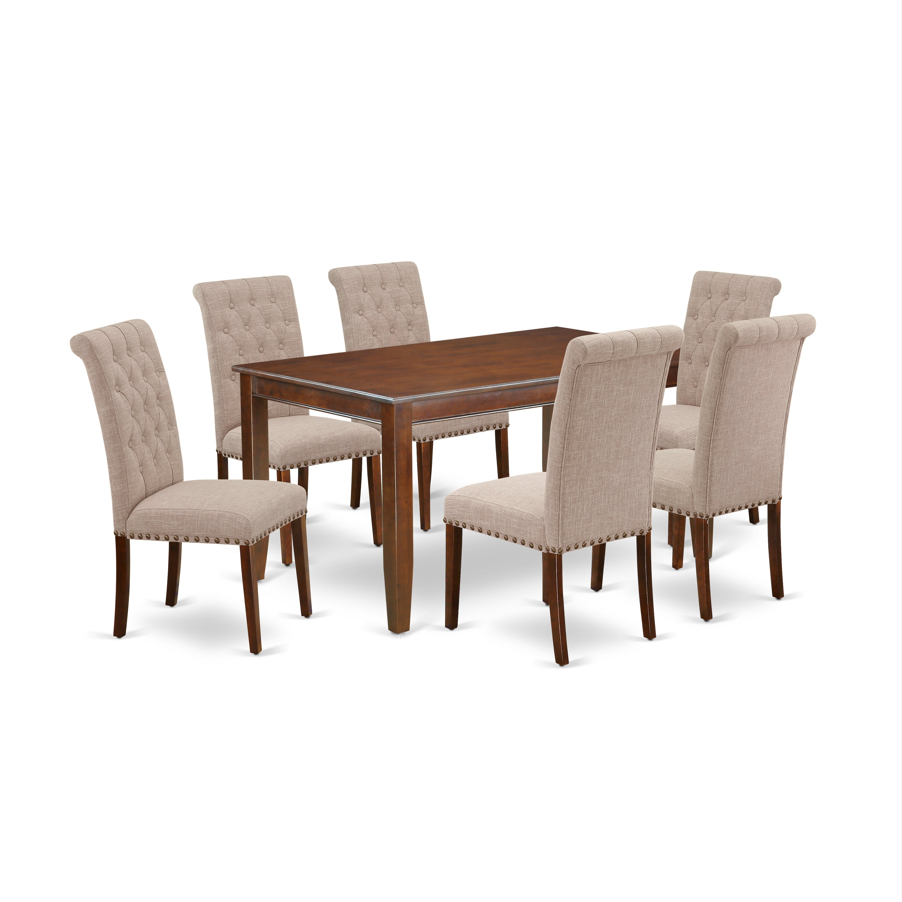 DUBR7-MAH-04 7Pc Dinette Set Includes a Rectangular Kitchen Table and Six Parson Chairs with Light Fawn Fabric, Mahogany Finish