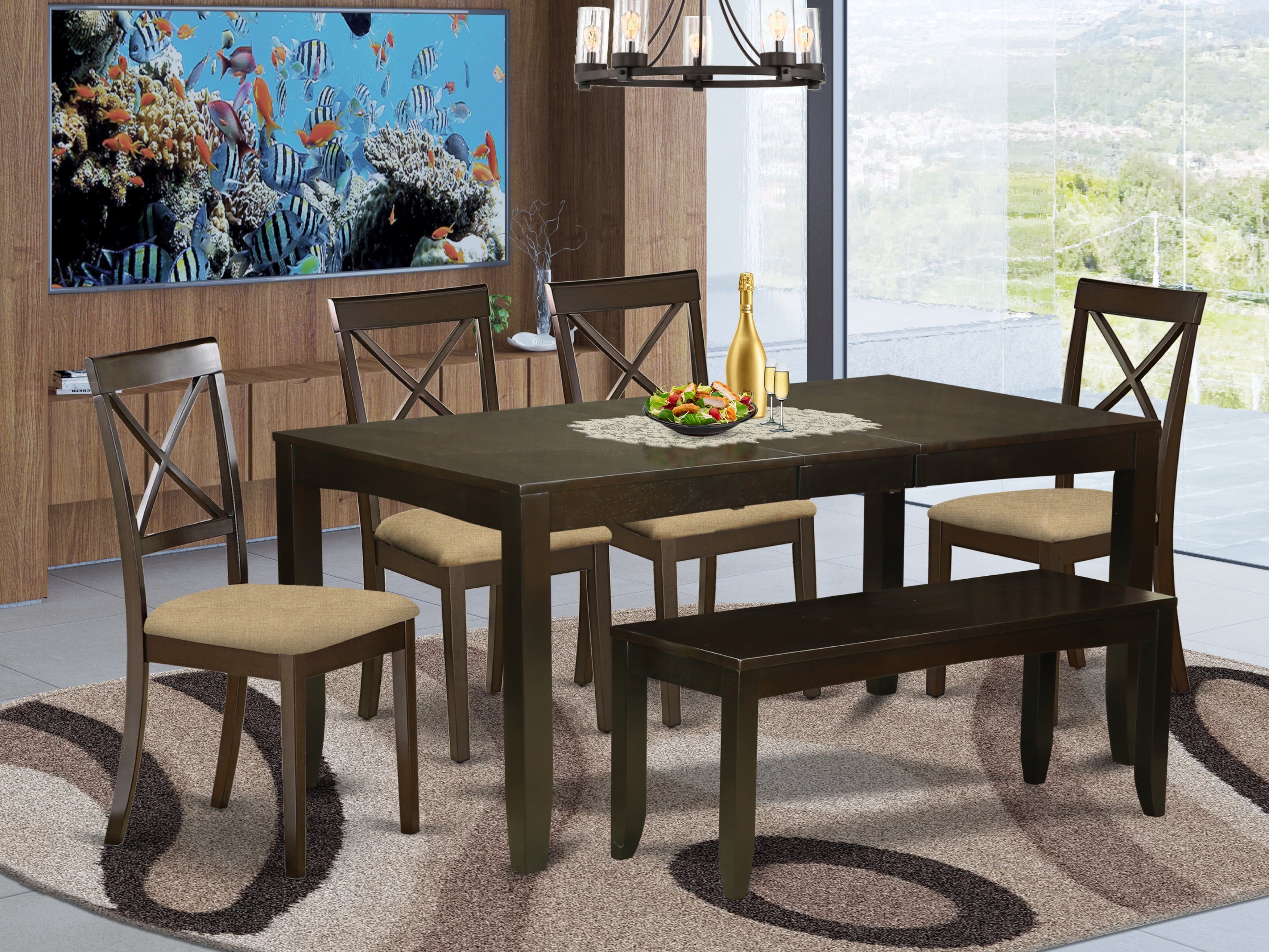 LYBO6-CAP-C 6 PC Kitchen Table with bench-Table with Leaf 4 Kitchen Dining Chairs and Bench