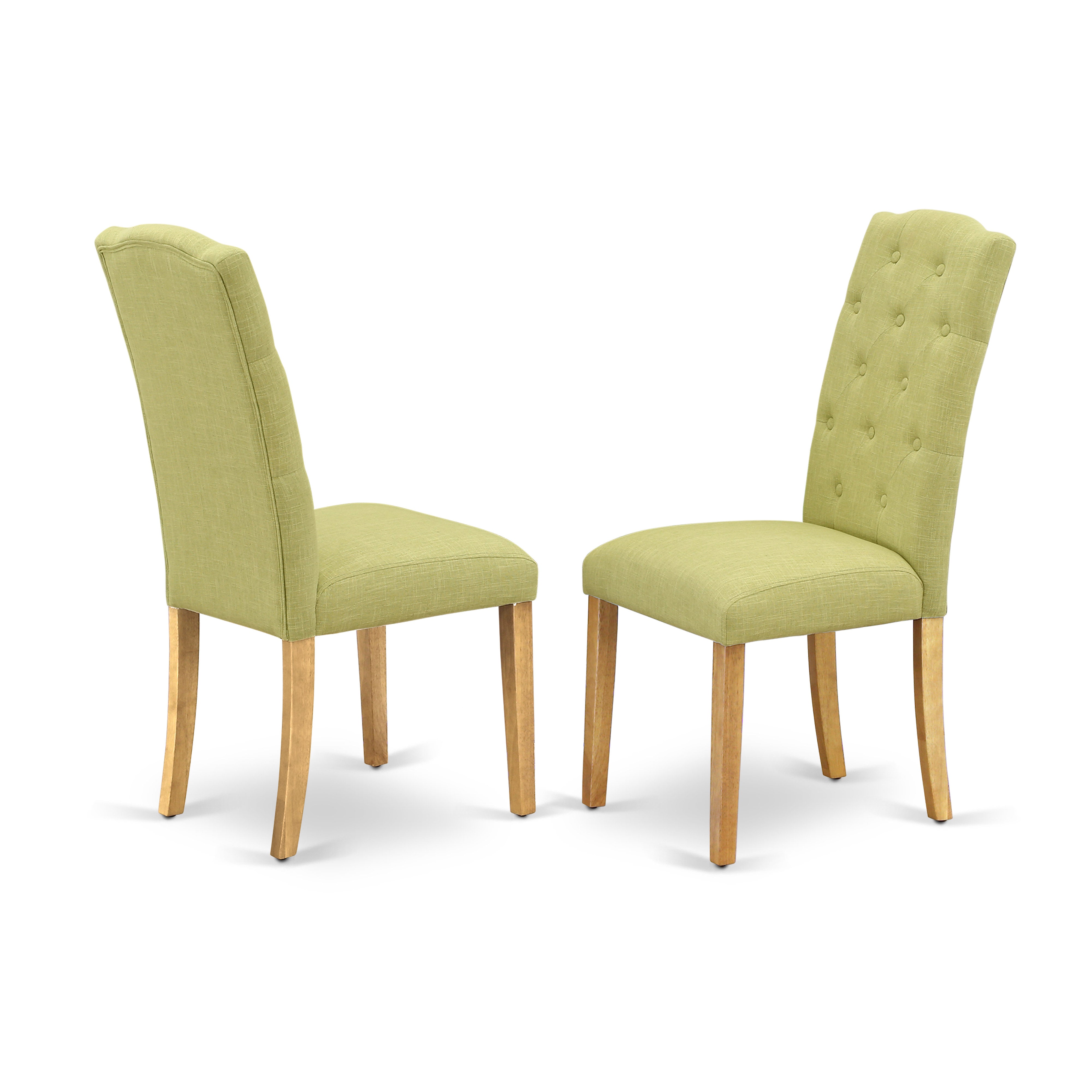 DLCE3-OAK-07 3Pc Dinette Set Includes a Small Rounded Kitchen Table with Drop Leaves and Two Parson Chairs with Lime Green Fabric, Oak Finish