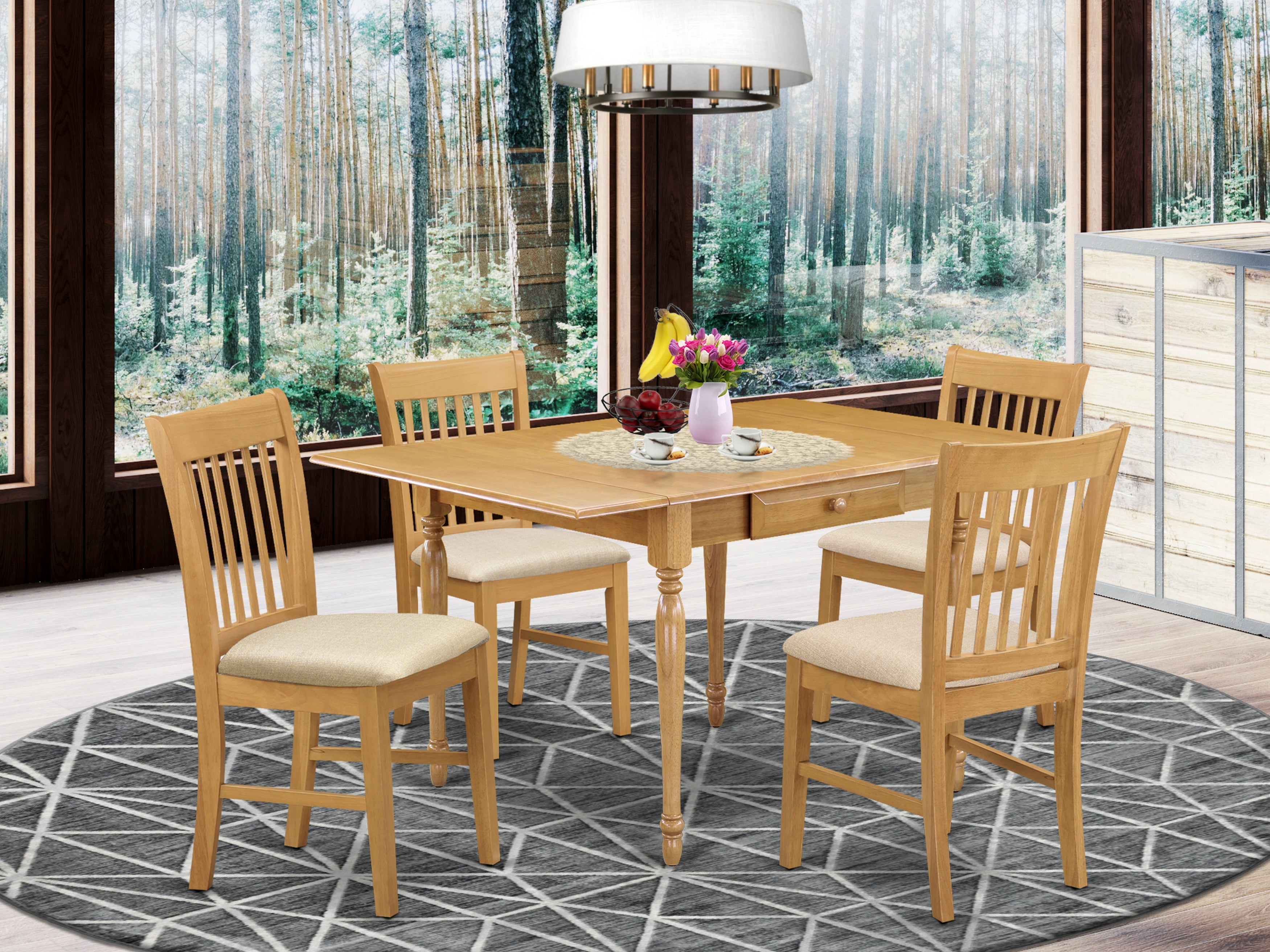 East West Furniture MZNO5-OAK-C 5 Pieces Wood Dining Table set - Heavy Duty Two 9-Inch Drop Down Leaves Solid wood Rectangle Dining Table and 4 Microfiber Upholstery Seat Modern Dining Chairs, Oak Finish