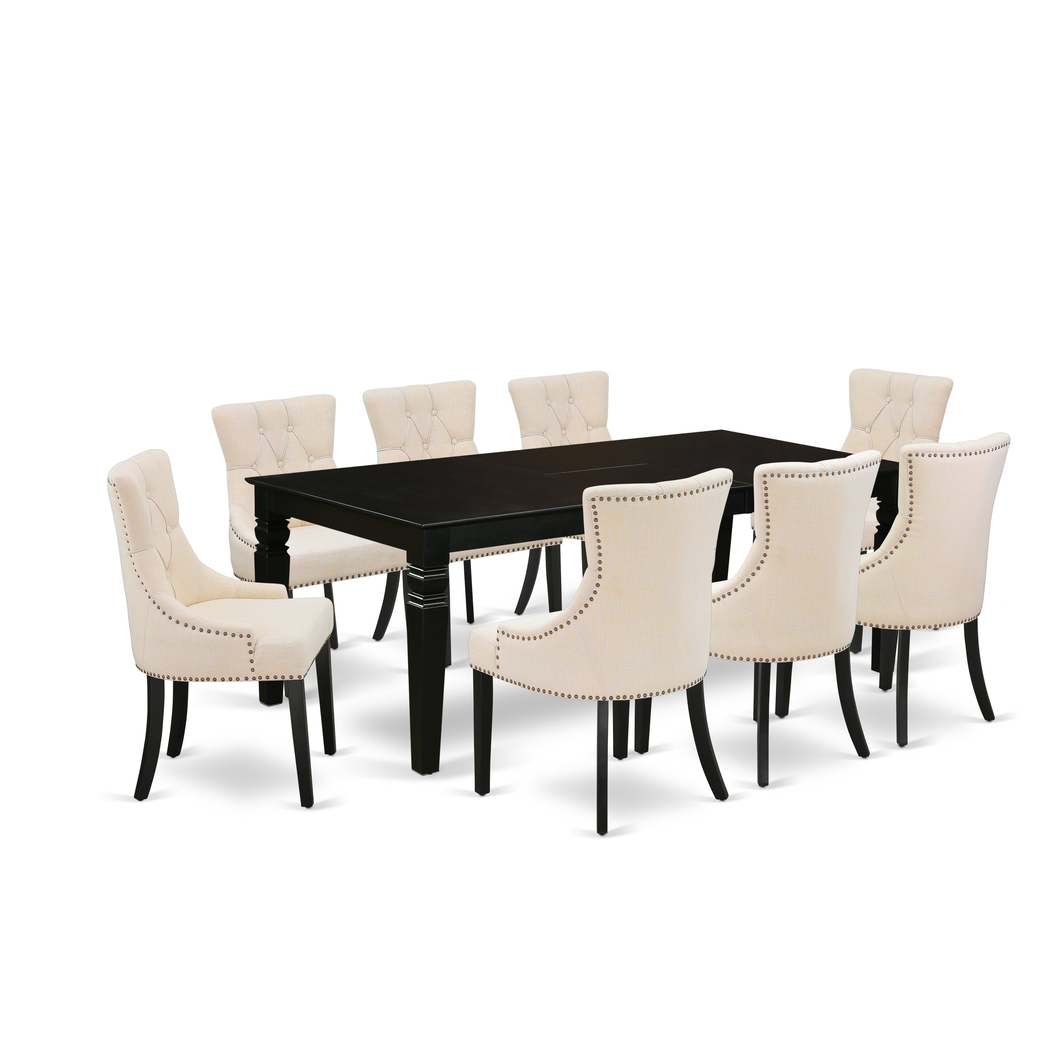 LGFR9-BLK-02 9Pc Dining Set Includes a Rectangle Dining Table with Butterfly Leaf and Eight Parson Chairs with Light Beige Fabric, Black Finish