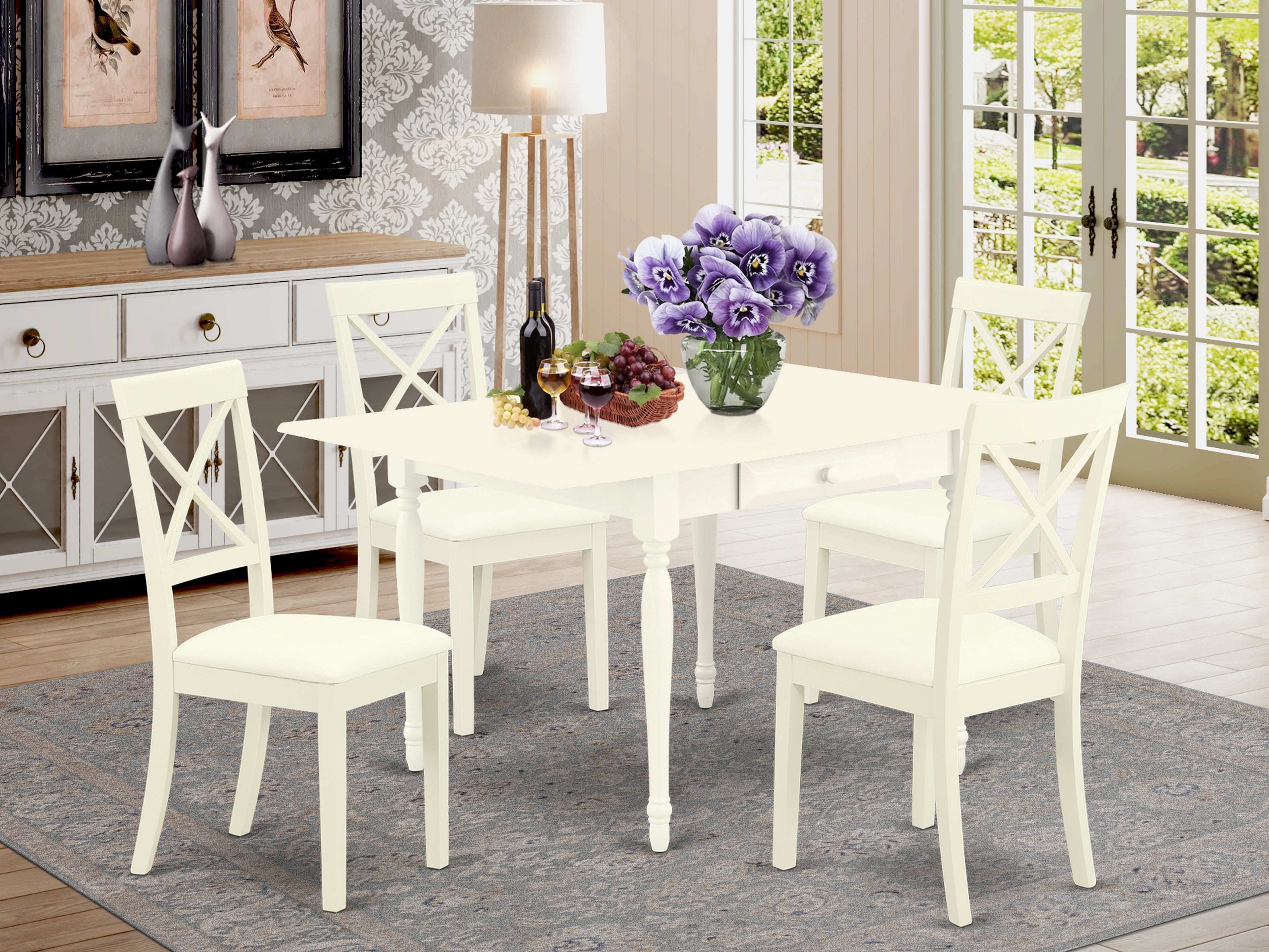 East West Furniture MZBO5-LWH-LC 5Pc Dinette Set Includes a Dining Room Table and 4 Wooden Dining Chairs with Faux Leather Seat, Drop Leaf Table with X Back Chairs, Linen White Finish