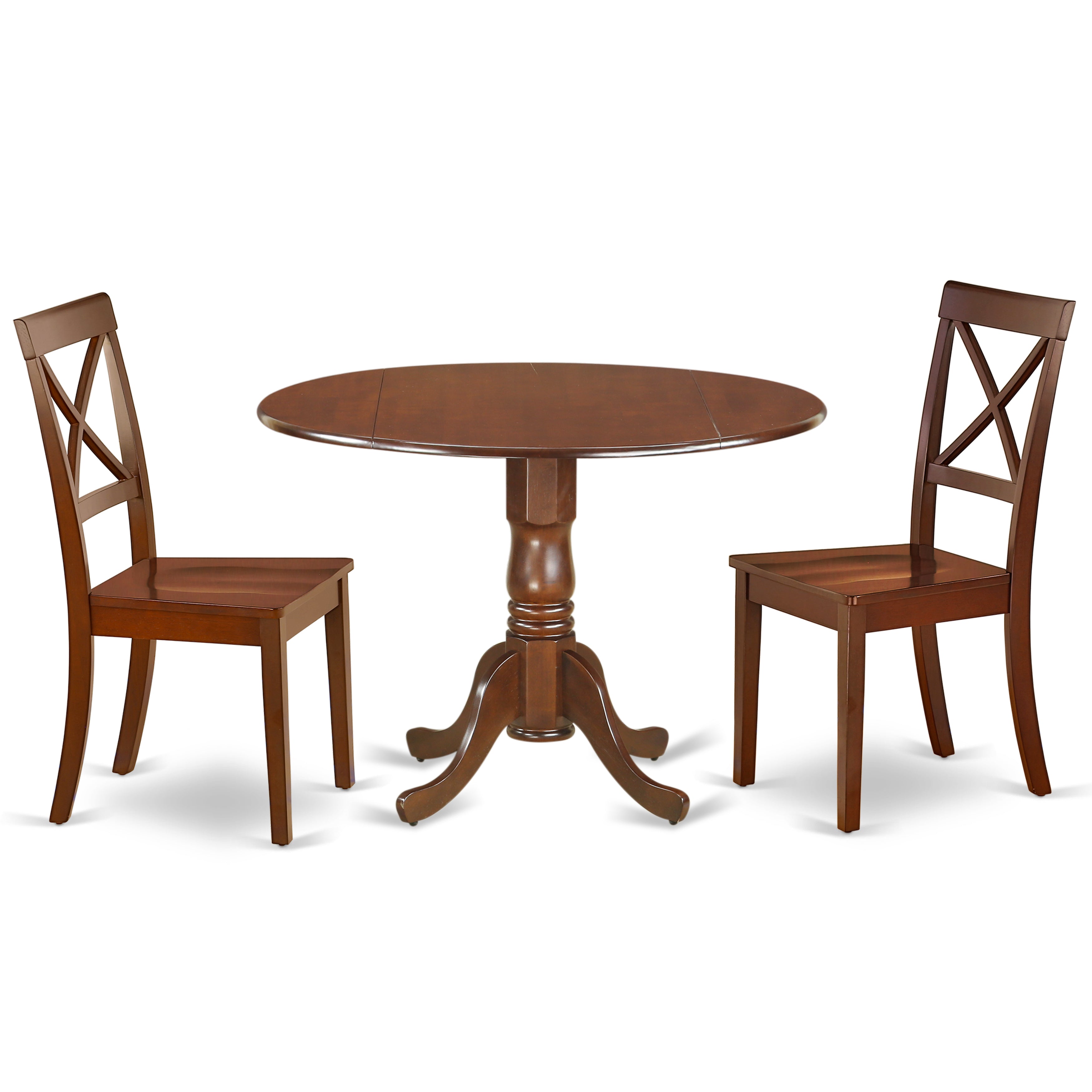 DLBO3-MAH-W 3Pc Round 42 Inch Dinner Table With Two 9-Inch Drop Leaves And Two Wood Seat Kitchen Chairs