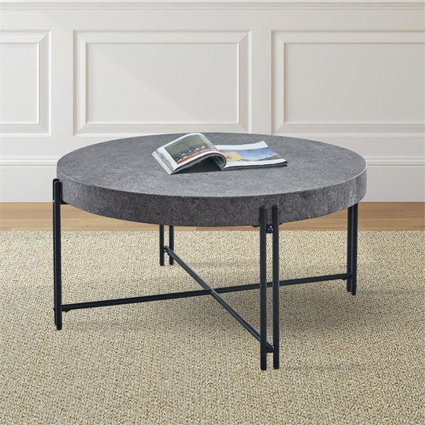 Steve Silver Morgan Round Mottled Gray and Black Metal Base Cocktail Table