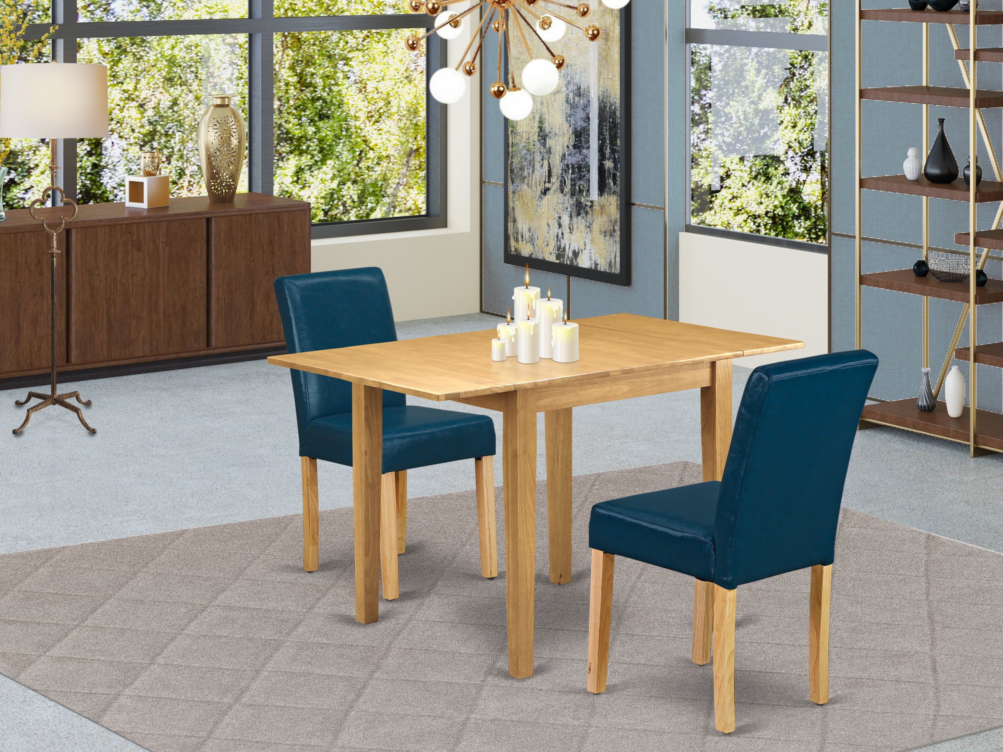East West Furniture NDAB3-OAK-55 Dining Set 3 Pc - 2 Dining Chairs and A Dinner Table - Oak Finish Solid wood - Oasis Color Pu Leather